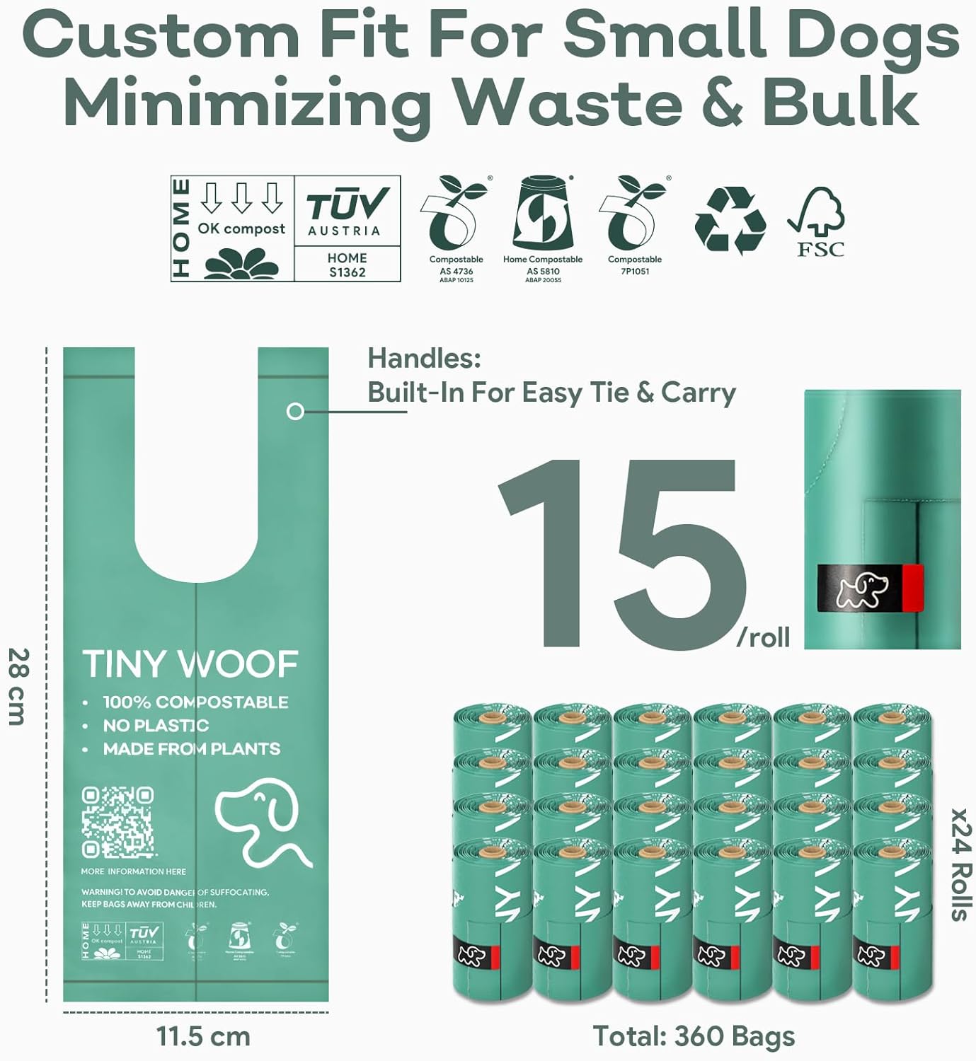 Small Dog Poop Bags – Biodegradable & Compostable Dog Poop Bags with Tie Handles | TINY WOOF Mini Poo Bags (360 Count) Chihuahua, Pomeranian, Toy Poodle and Puppies
