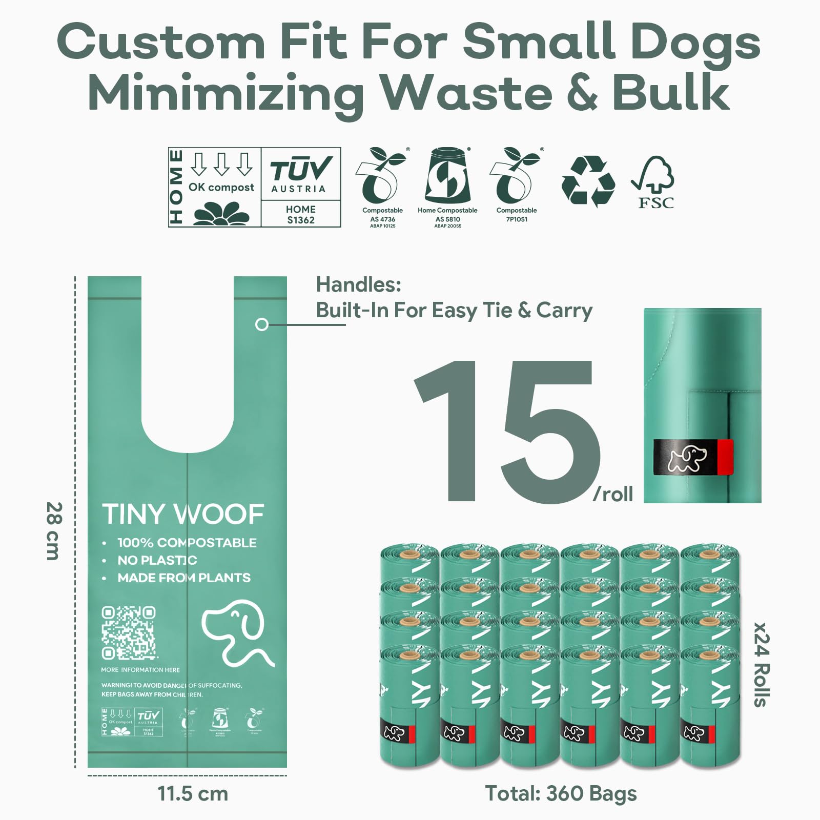 Dog Poo Bags for Small Dogs - Biodegradable & Compostable Dog Poop Bags with Tie Handles, Green, 1 count (Pack of 360) - Image 3