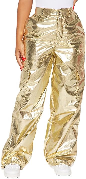 VOIKERDR Womens Jogger Pants Shiny Metallic High Waist Stretchy Trousers Wide Leg Parachute Pants