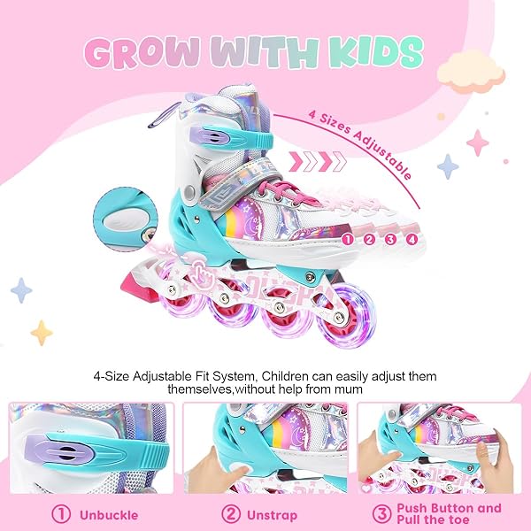 Pattini in Linea Bambina luminosi regolabili,unicorno arcobaleno,Pattini a rotelle con Tutte Ruote LED per Principianti Bambini,Regalo di Natale - 4