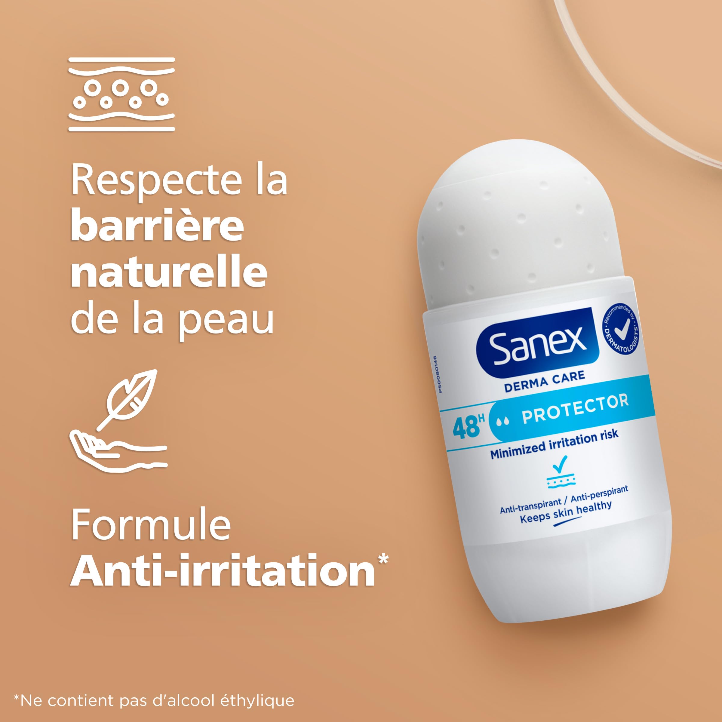 SANEX -Derma Care Protector 48 h Déodorant Bille Anti-transpirant 53 ml –fraîcheur longue durée contre la transpiration et les mauvaises odeurs – respecte la peau– ne contient pas d’alcool*
