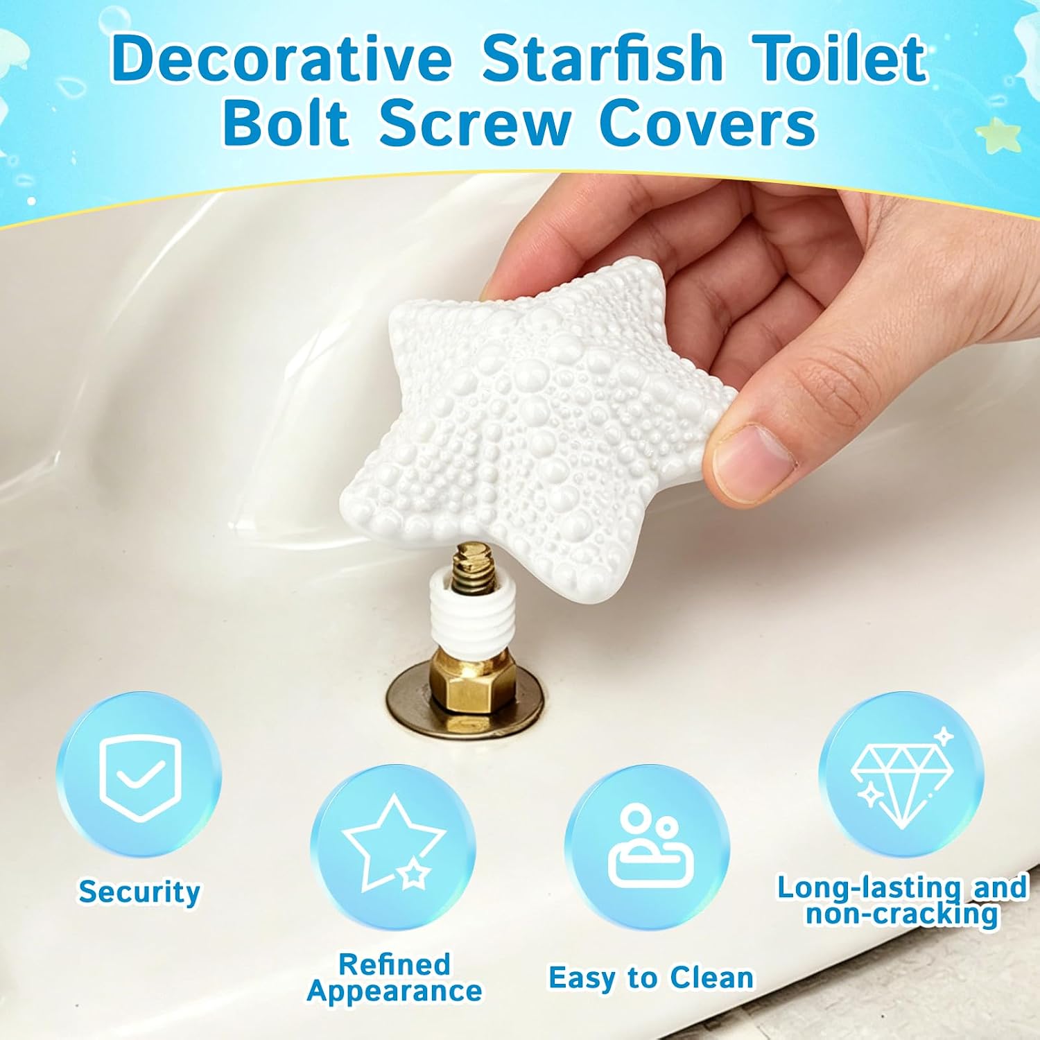 White Starfish Ceramic Toilet Bolt Covers,Decorative Toilet Caps | Cute Coastal Bathroom Decor,Bottom Diamerer1.18In,Fits Bolt Heights up to1.3In,Housewarming Gifts,2Pack