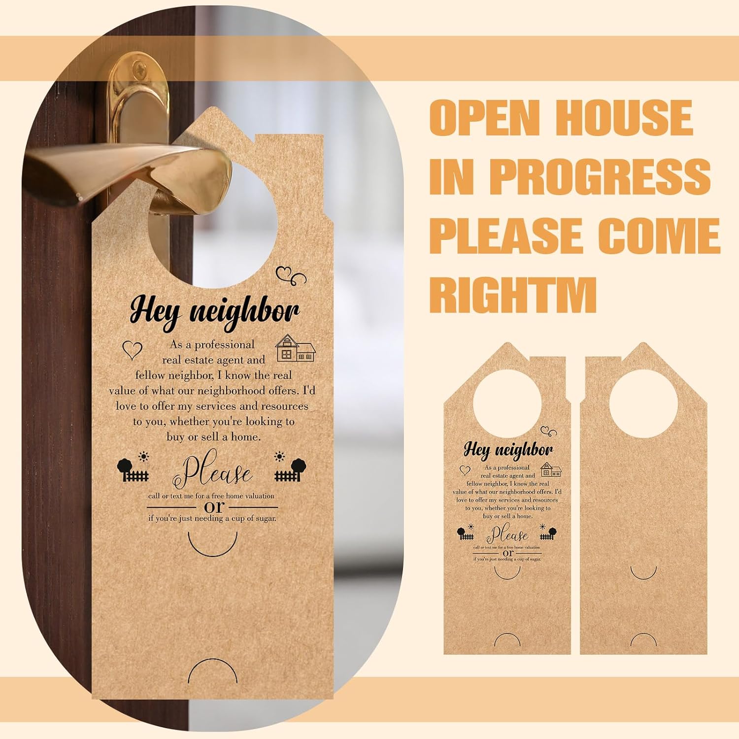 Geyoga 50 Pcs Real Estate Door Hanger Open House Door Hanger with Business Card 3 x 8 Inch Hey Neighbor Agent Marketing Business Card Signs for DIY Craft Home Dorm Office Hotel Restaurant Decor(Brown)