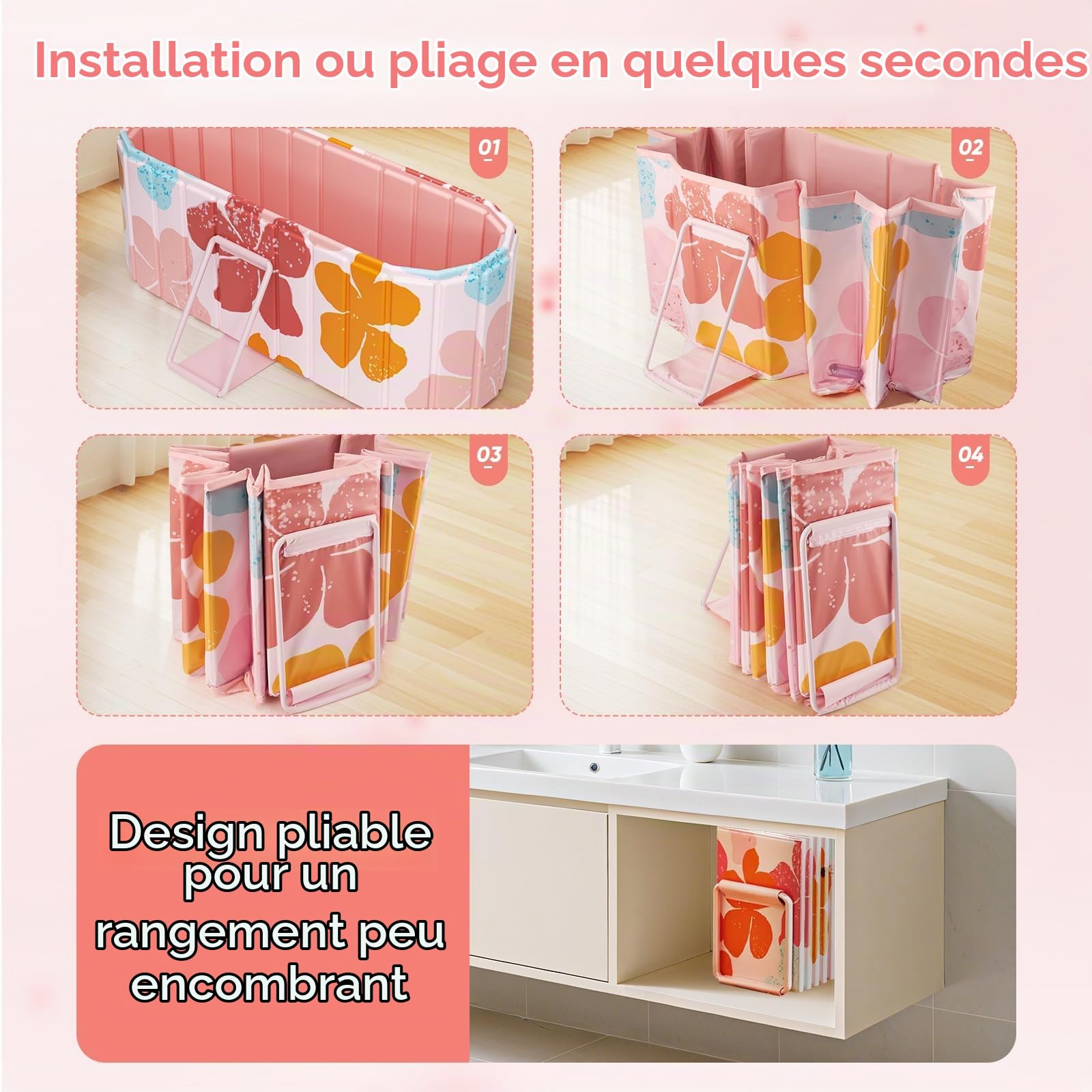 Baignoire pliable adulte 145x52x51.5cm (57.1x20.5x20.3in),Baignoire portable pliable avec 2 panneaux de support latéraux,2 trous de drainage,pour adultes,baignoires pour Intérieur/Extérieur
