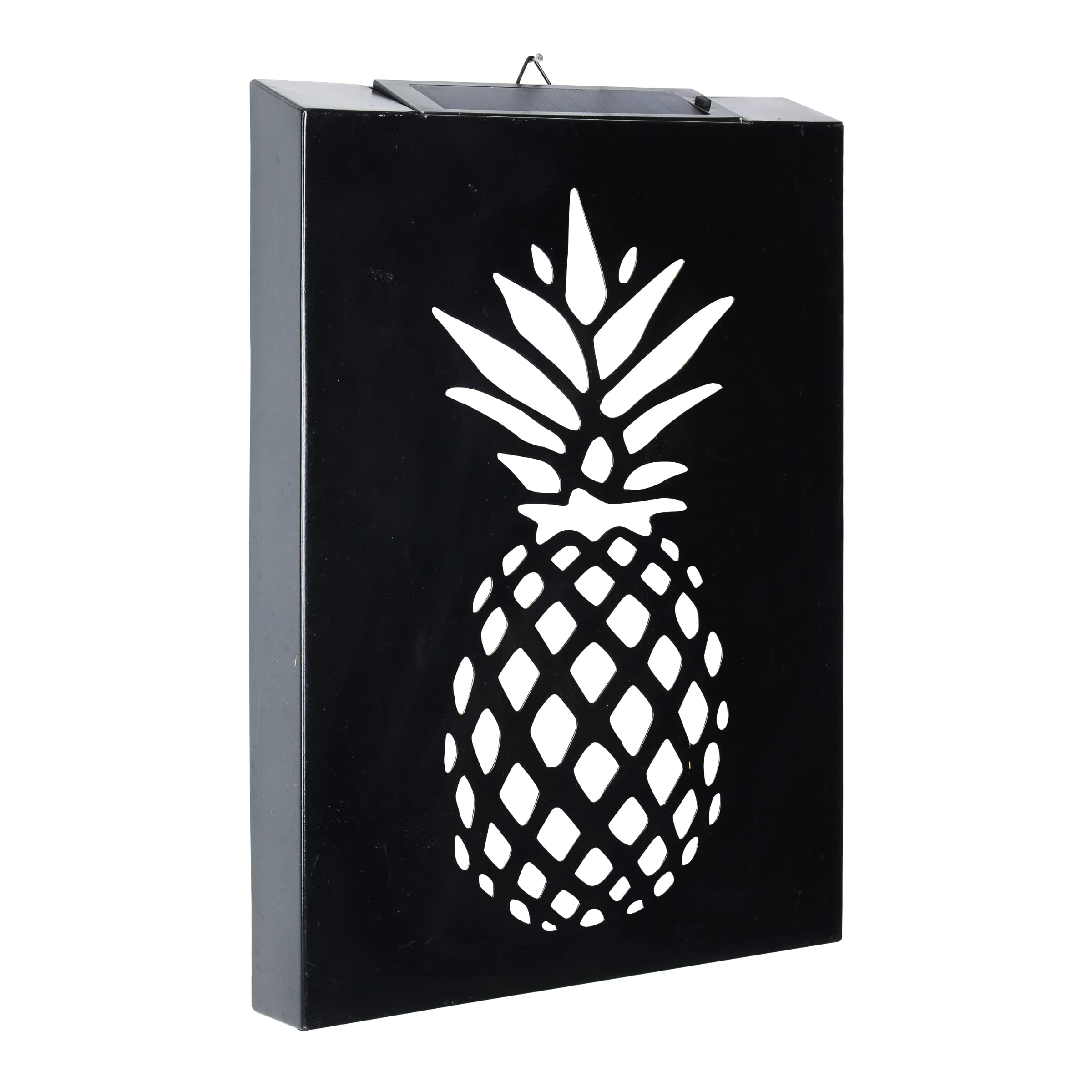 Exhart Solar Pineapple Wall Art - Light-Up Tropical Pineapple Wall Art - Matte Black Stamped Pineapple Wall Décor w/ 6 Solar Powered LED Lights - Weather-Resistant Metal Pineapple Décor (12 x 2 x 17)