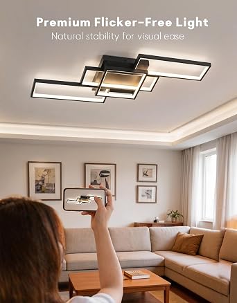 85cm LED Ceiling Light Dimmable, Modern Rectangular Ceiling Lamp for Living Room Bedroom, APP & Remote Control, Flicker-Free with Memory Function & Control Lock (Black) [Energy Class E]