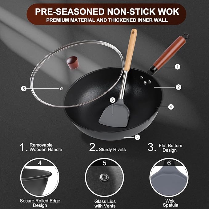 Wok antiadherente de acero al carbono con tapa de vidrio, 33 cm miniatura 6