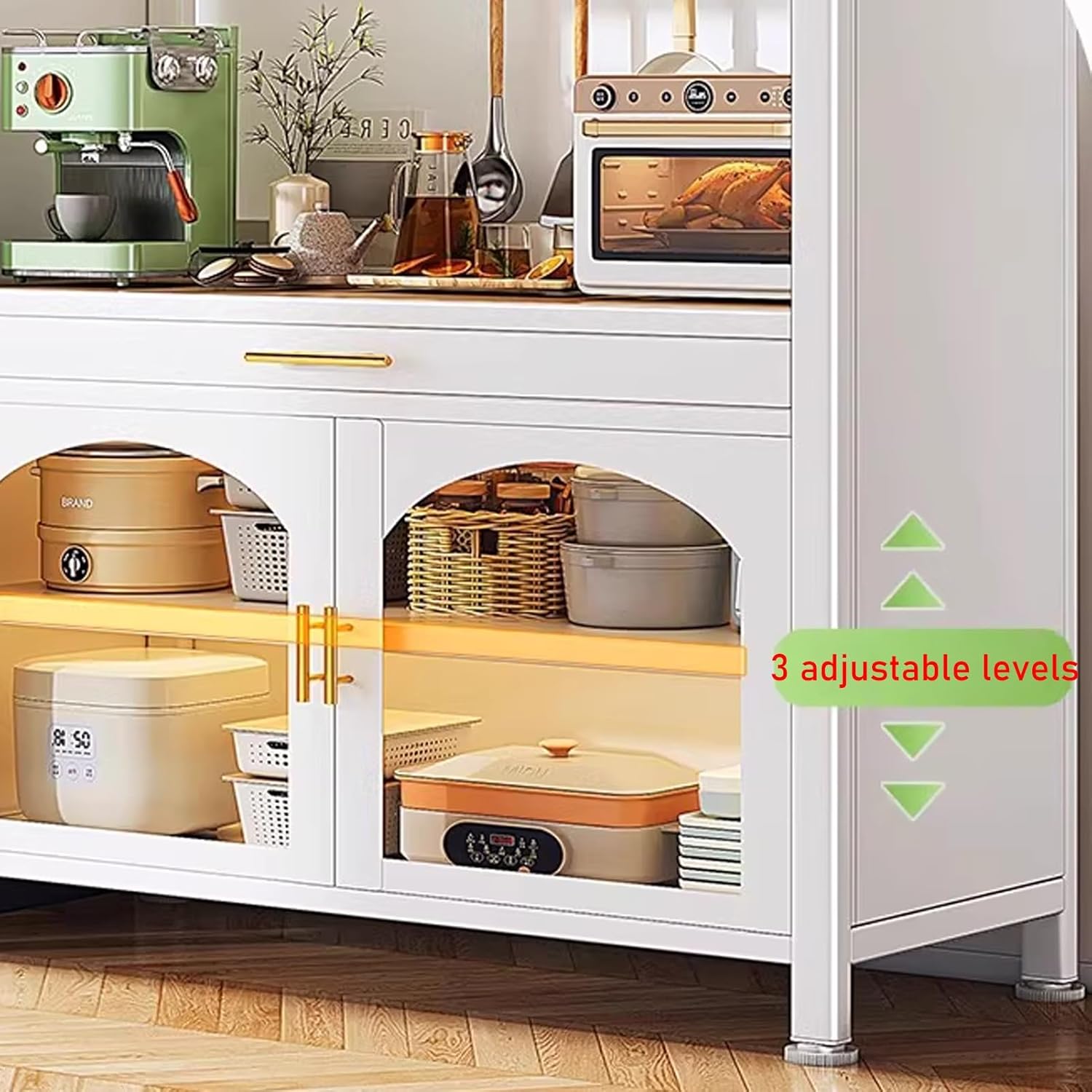 JKGHK Kitchen Pantry Cabinet Buffet with Drawer Storage, 72.8in Microwave Stand with 3 Adjustable Levels, Standing Bakers Racks with Glass Doors, for Dining Room(Black,100cm/39.3in)