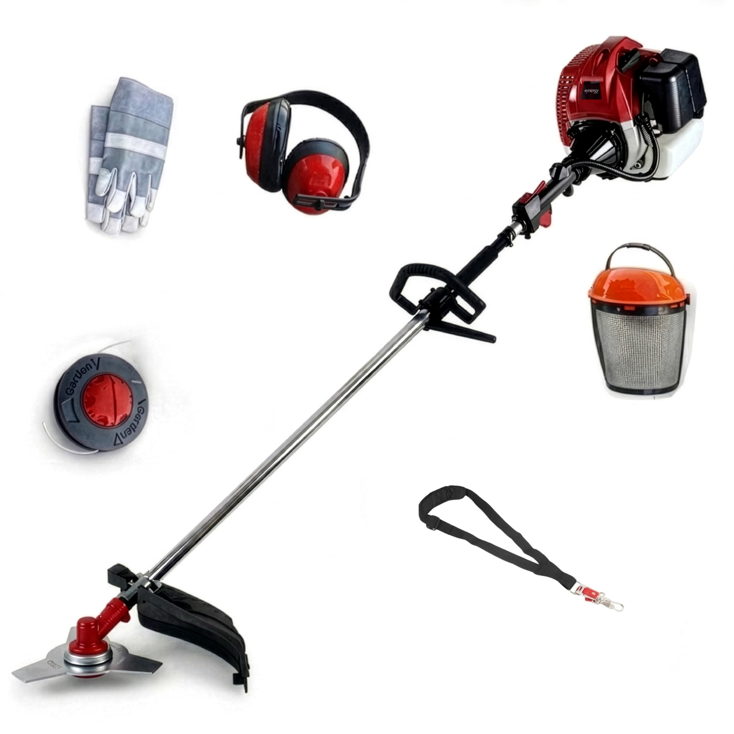 Redblade desbrozadora gasolina 32,5cc 1,5CV motor 2 tiempos con disco 3 puntas, cabezal desbrozadora de hilo, equipada con arnes. Cortabordes ideal para cortar césped, maleza y mantenimiento de jardín