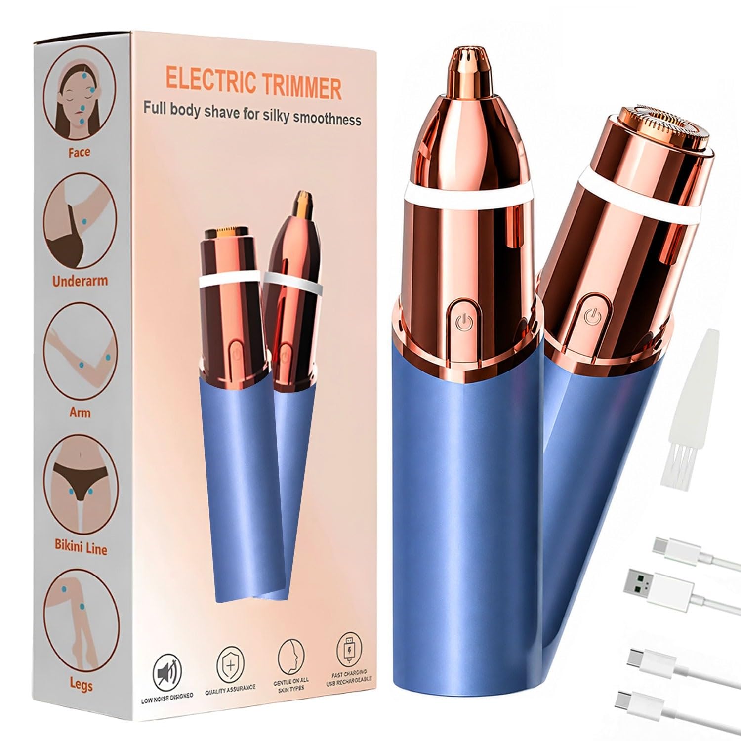Tondeuse à sourcils et visage : 2 en 1 rechargeable pour épilation du visage et sourcils – Rasoir corporel avec lumière LED intégrée (bleu)