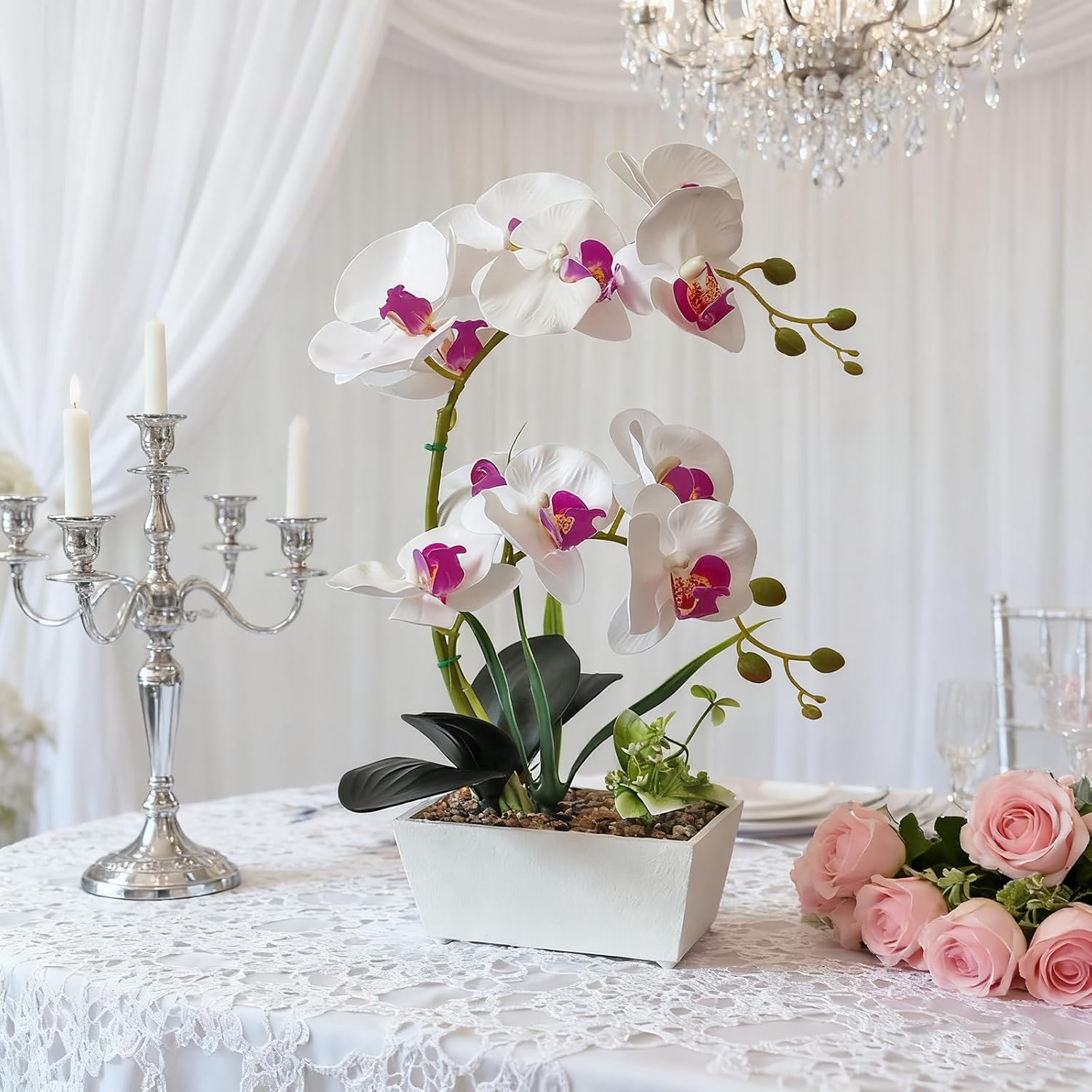 White Orchids Artificial Flowers Fake Orchid in Pot Phalaenopsis Flower Large Faux Orchid Plant Real Looking Fake Flowers Table Decor for Living Room Centerpieces Indoor Bathroom Plants