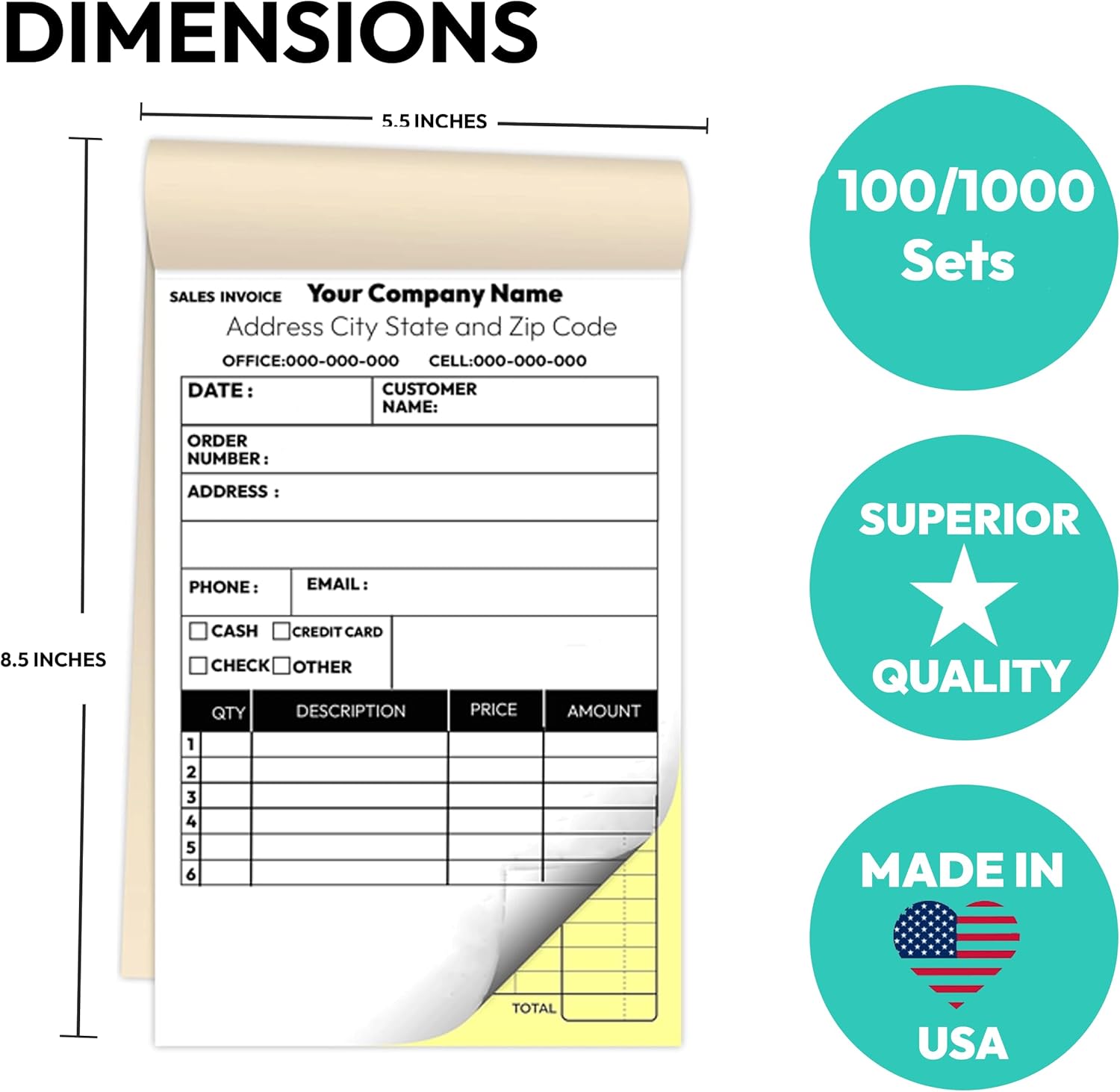 Custom 5.5" X 8.5" Invoice Receipt Book, (100 Sets) Carbonless NCR Invoice Book in 2-Part Duplicate Receipts, Estimates, Purchase Orders, Sales Orders, Price Forms with Your Company/Business Name
