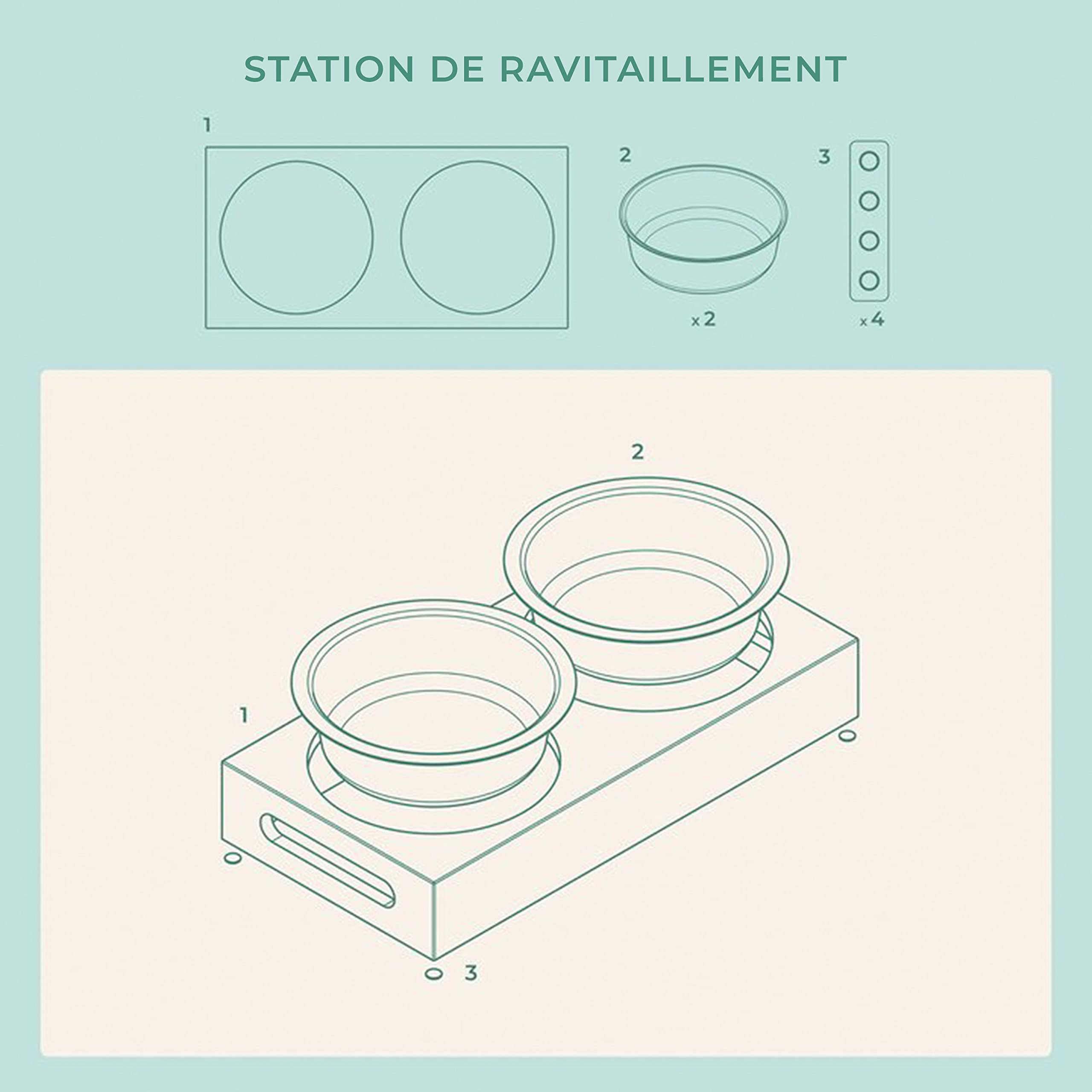 LAUBLUST Station d'alimentation pour Chiens personnalisée avec nom – Naturelle | 38x19x6cm, surélevée - Mangeoire et Abreuvoir pour Chats | 2 gamelles en INOX x 0,75L | Gamelle avec Gravure pour Chat