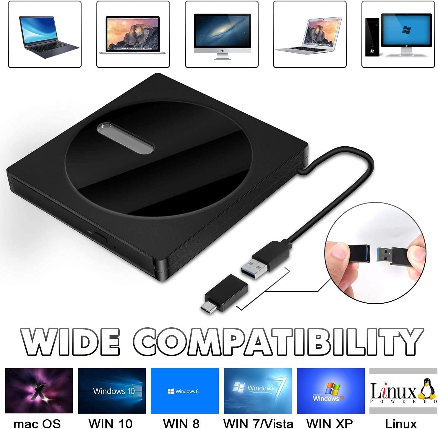 External CD/DVD Drive for Laptop USB-C & USB 3.0 CD/DVD ROM Drive Reader Writer Burner Compatible with Laptop PC MacBookMac (Black)