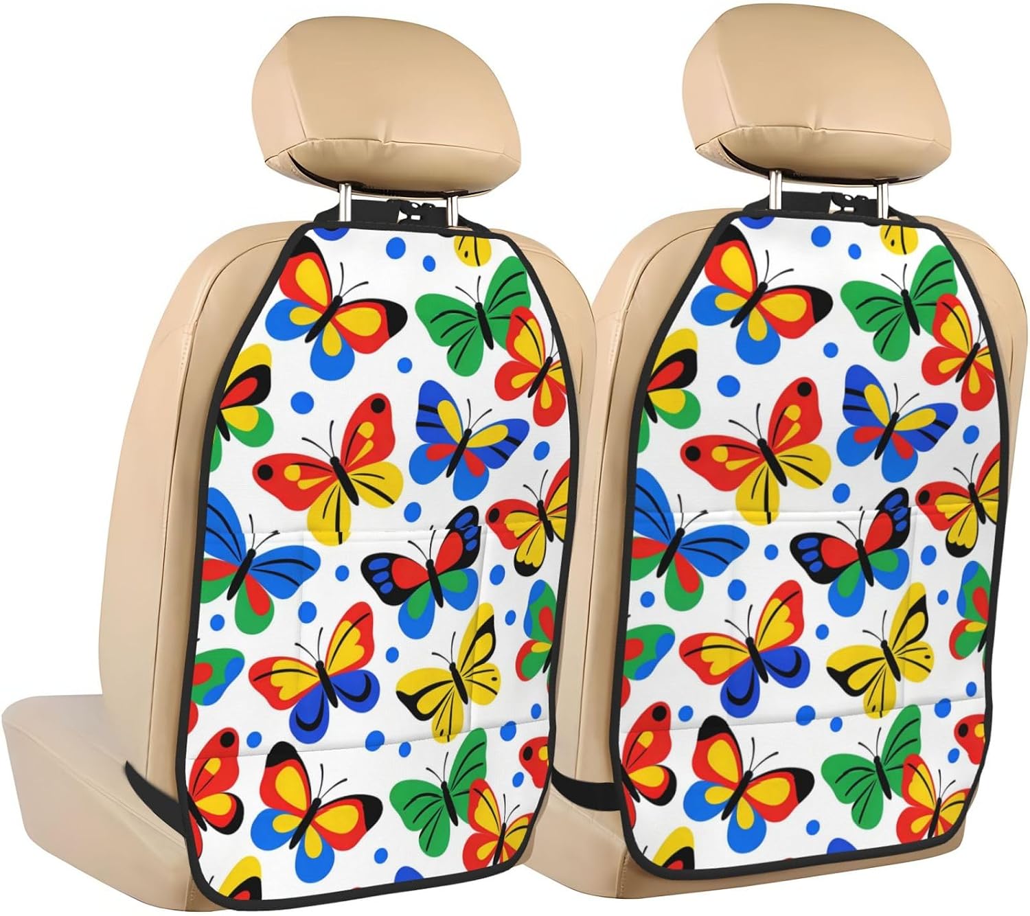 Colorful Butterfly Print Car Seat Back Kick Protector 2 Pack, 18.5x26.4 Inch Anti-Kick Pad, Waterproof Oxford Fabric Large Rear Seat Cover for Kids Pets Fits SUV Jeep Truck Sedan