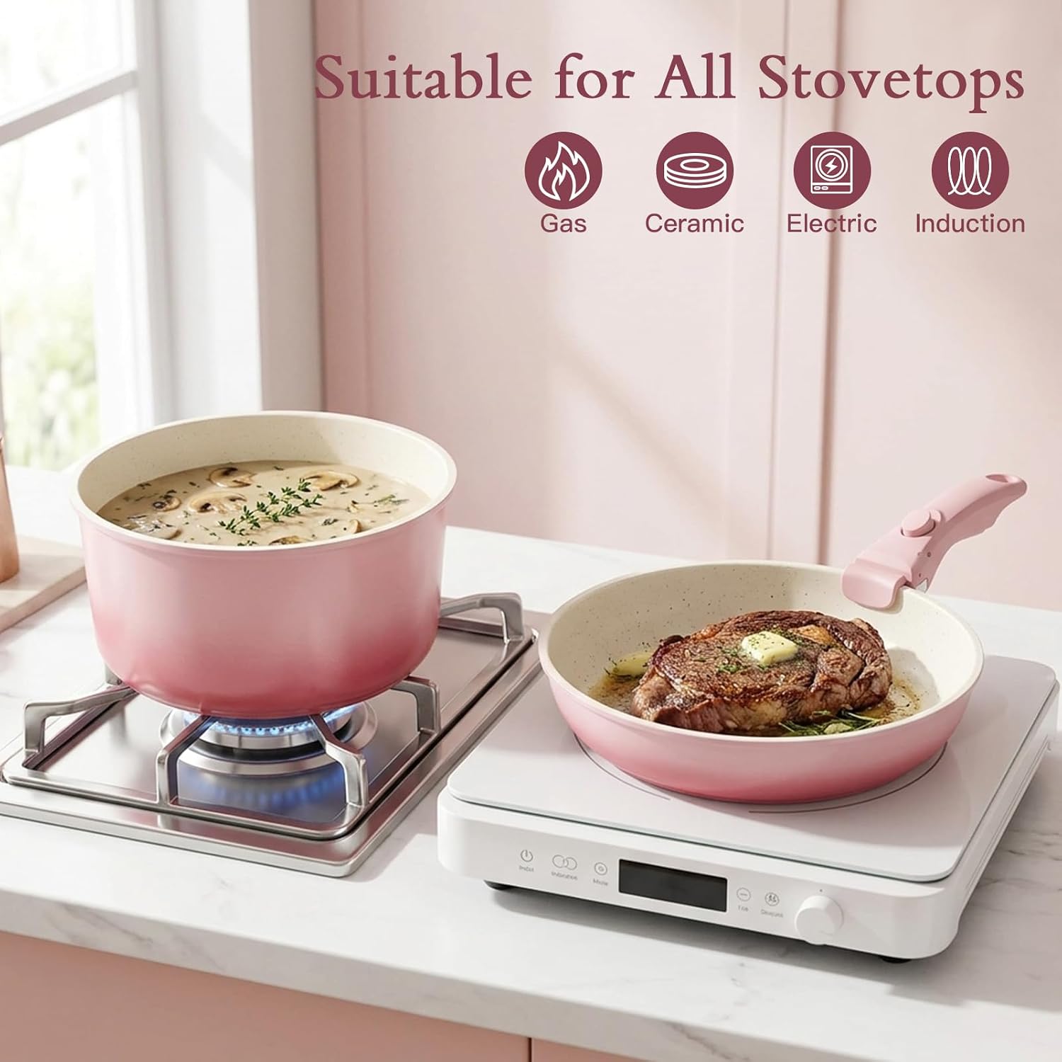 GiPP 21PCS Pink Pots and Pans Set, Nonstick Cookware Set Detachable Handles