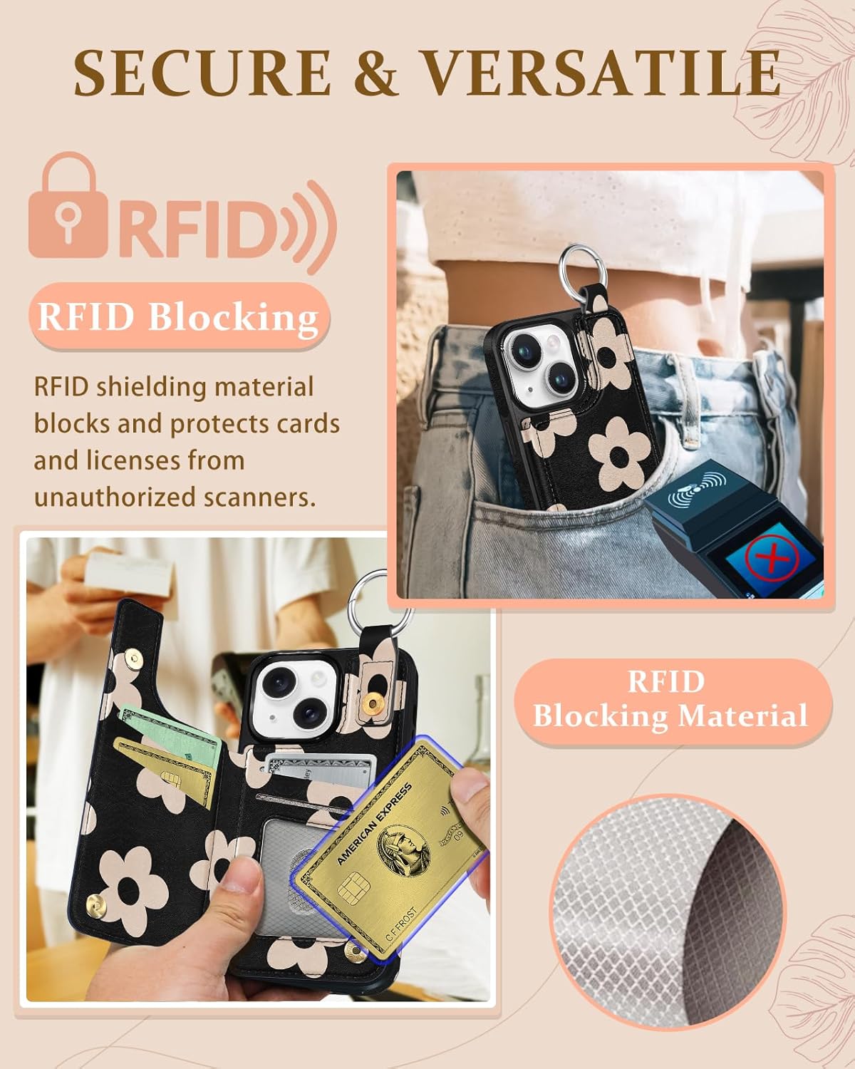 for iPhone 15 Plus Wallet Case with Card Holder, Cute Funny Designer Black Flower Pattern Kickstand Magnetic Clasp Back Flip Folio Leather Cases for iPhone 15 Plus Phone for Girls Women Boys - Image 5