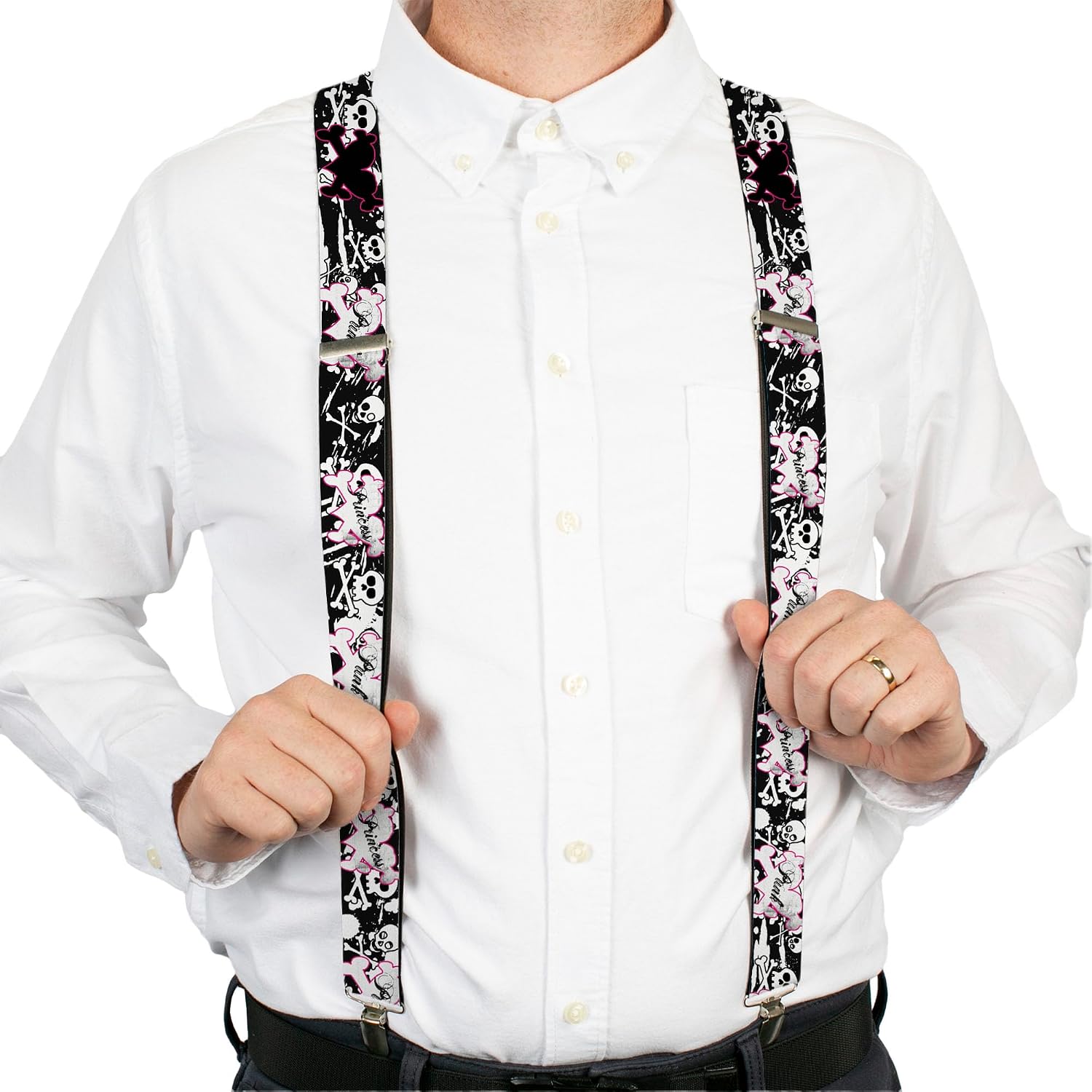 Buckle-Down Suspenders, Punk Princess Heart Cross Bones Skulls Splatter Black White
