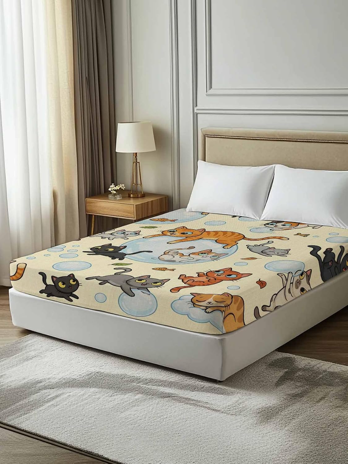 Top Sheet King Bedding Flat Sheet Only, Watercolor Pets Fish Bubbles Microfiber Bed Sheets Soft Breathable Bedding Flat Sheets, Brown Background Hotel Luxury Top Sheets