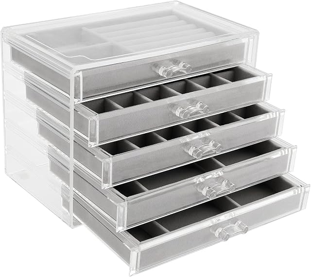 ZEONHEI 5 Drawers Clear Acrylic Jewellery Storage Organiser Box, Adjustable Velvet Jewellery Earring Rings Necklaces Bracelet Display Holder Case for Women Ladies Girls Gift, 9.3x5.4x6.8 Inch