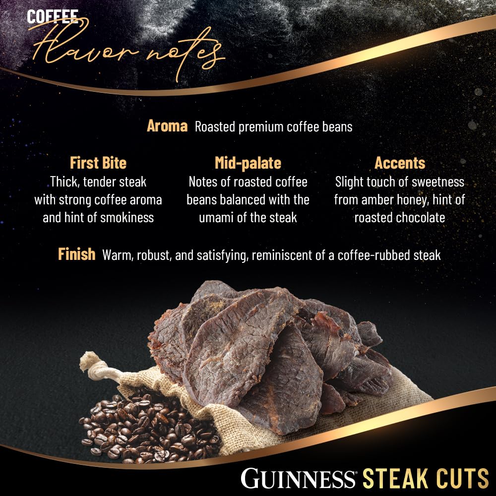 Guinness Steak Cuts, Coffee, 3 Pack (2.5 Ounce Bags) – Tender Real Steak Snack Marinated in Guinness 0.0 – Rich Espresso Flavor – Jerky Beef Snack, High Protein, No Nitrates, Clean Ingredients