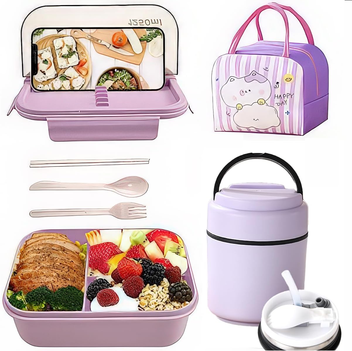 Food Container Bento Lunch Box for Hot Cold Food, 3 Compartments and Soup Thermos Cup,Lunch Bag,Spoon,Fork Leak Proof Food Jar for Office Picnic Travel Outdoors
