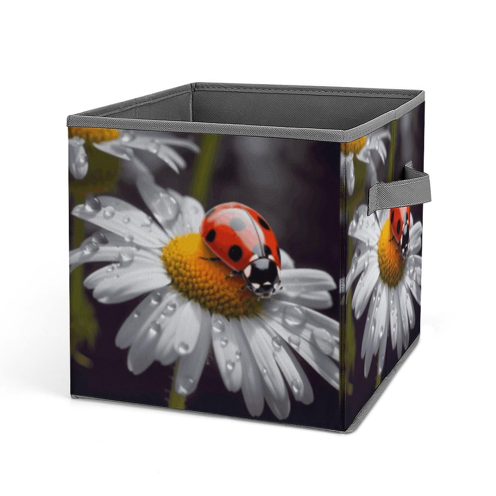 Ladybug on Daisy Flower Storage Baskets Collapsible, Exquisite Pattern Cube Box, Canvas Fabric Storage Bins with Handles, Clothe Organizer Box for Home Decorative Office Bedroom