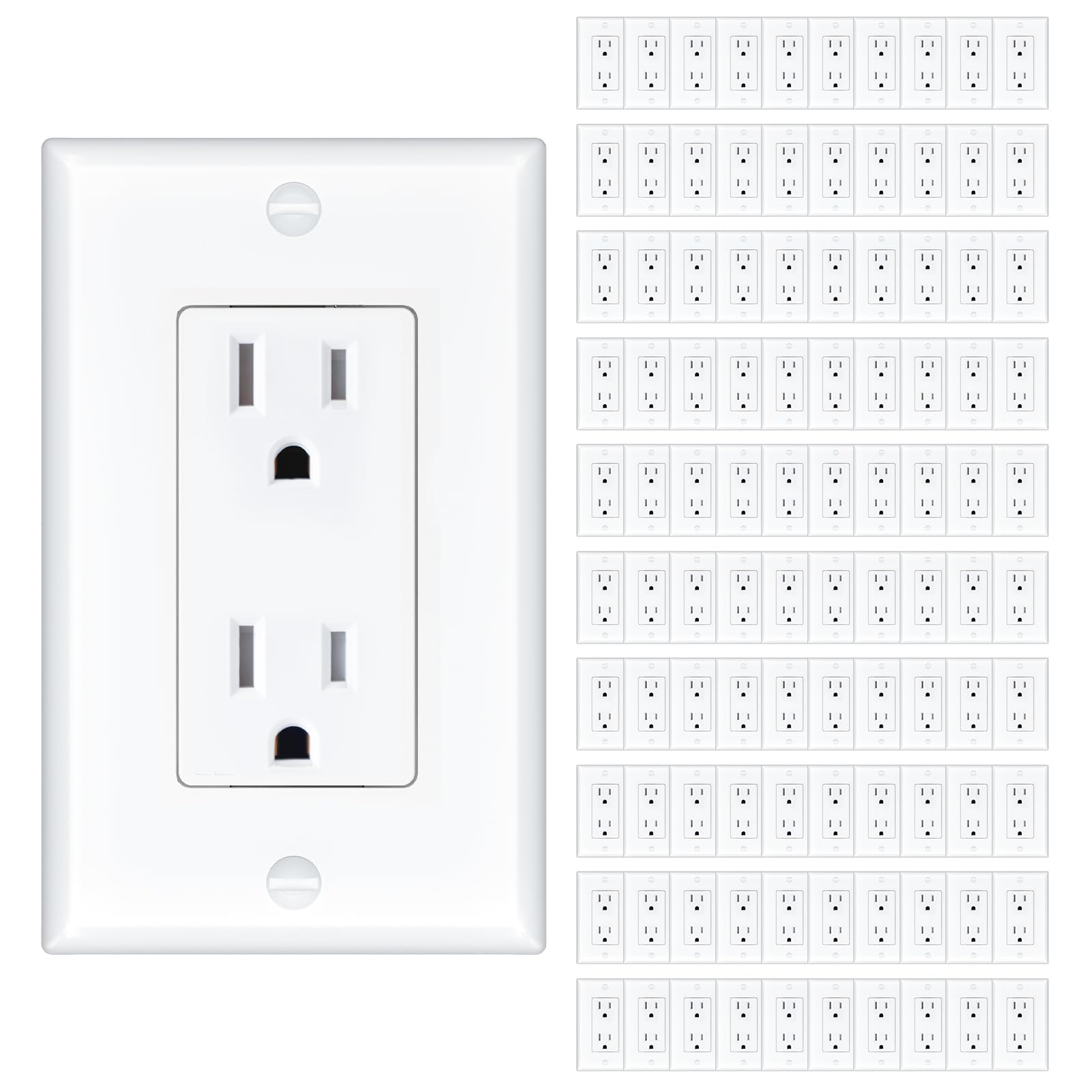 Amico 100 Pack Wall Outlet, 15 Amp Outlets, UL Listed, Tamper Resistant Standard Electrical Outlet, Decorator Receptacle with Wall Plate, Suitable for