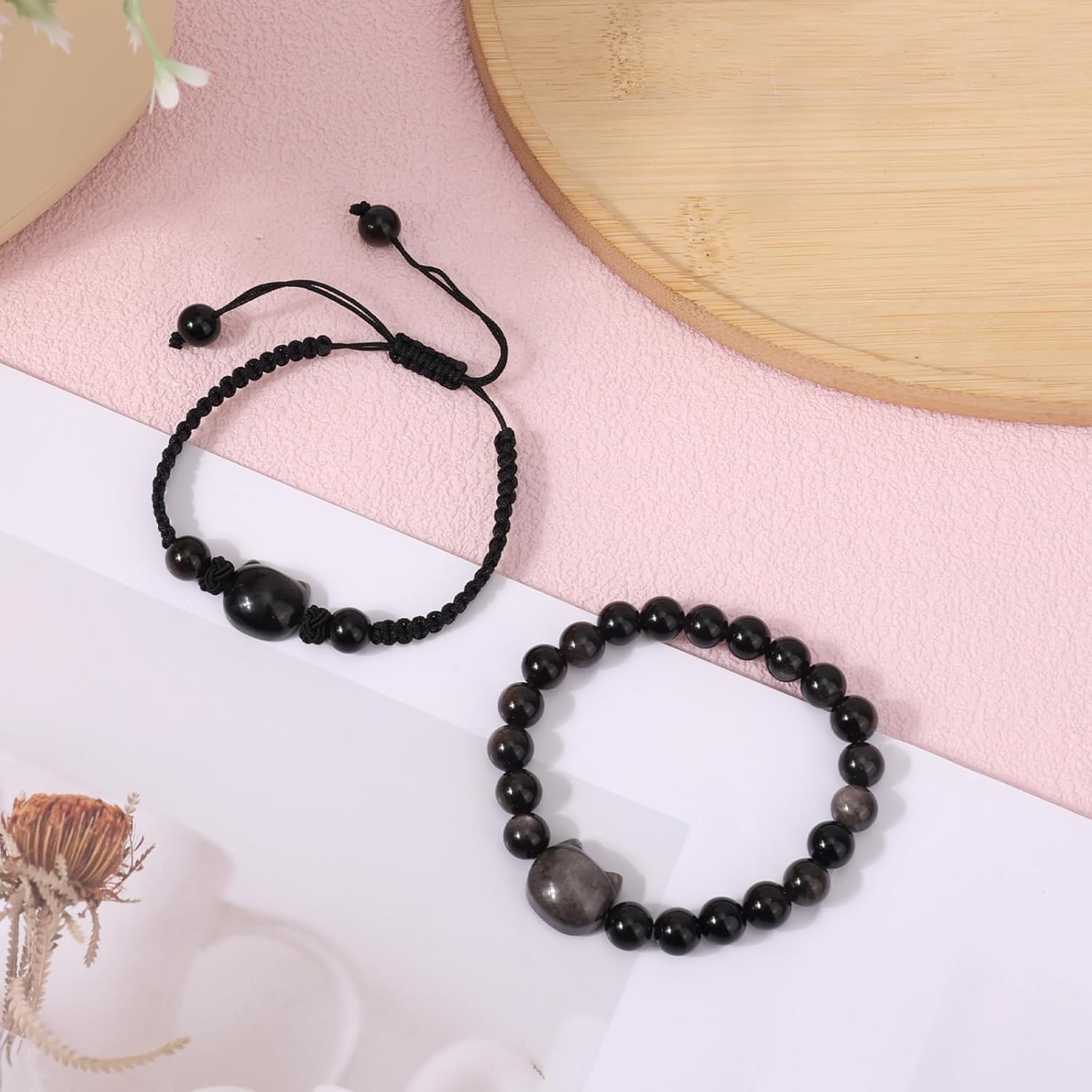 2pcs Cat Bracelet Set, Black Obsidian Beaded Bracelet Good Luck Adjustable Braided Rope Cat Jewelry for Men Women - Image 4