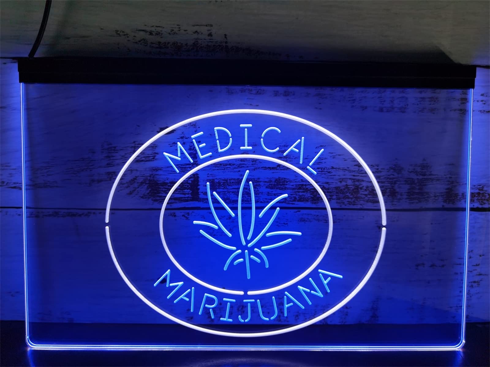 REWIS Letrero de neón LED de Marihuana, Luces de neón alimentadas por USB con atenuador, para Letrero Iluminado de Tienda de Hojas de cáñamo,White Blue,40x30cm
