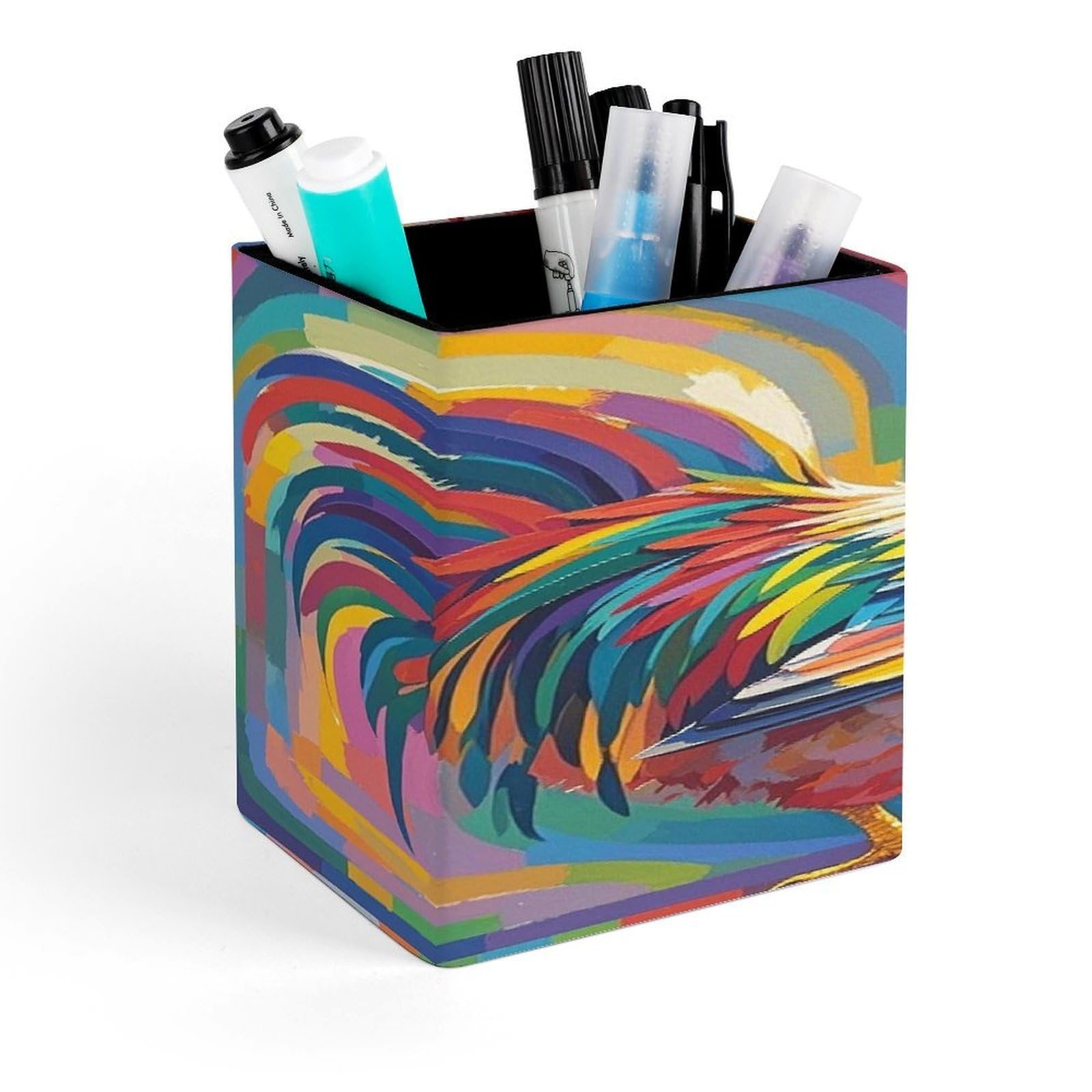 FekiLoot Art Chicken Pen Holder for Desk Minimalist Leather Pencil Holder Fashion Modern Pencil Cup Decorative Square Pen Cup Locker Organizer for Office Work Locker Accessories