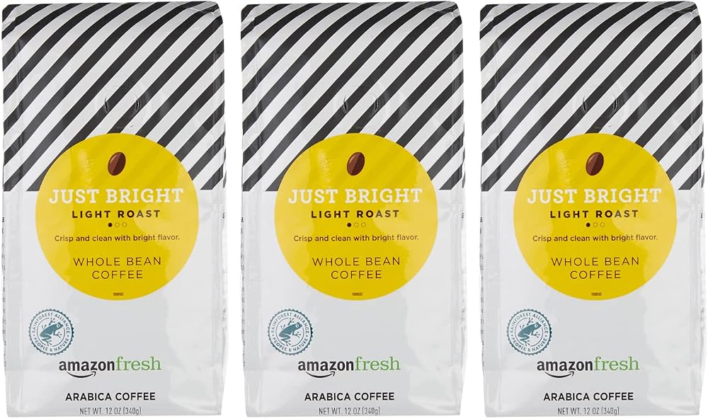Amazon Fresh Just Bright Whole Bean Coffee, Light Roast, 12 Ounce (Pack of 3)