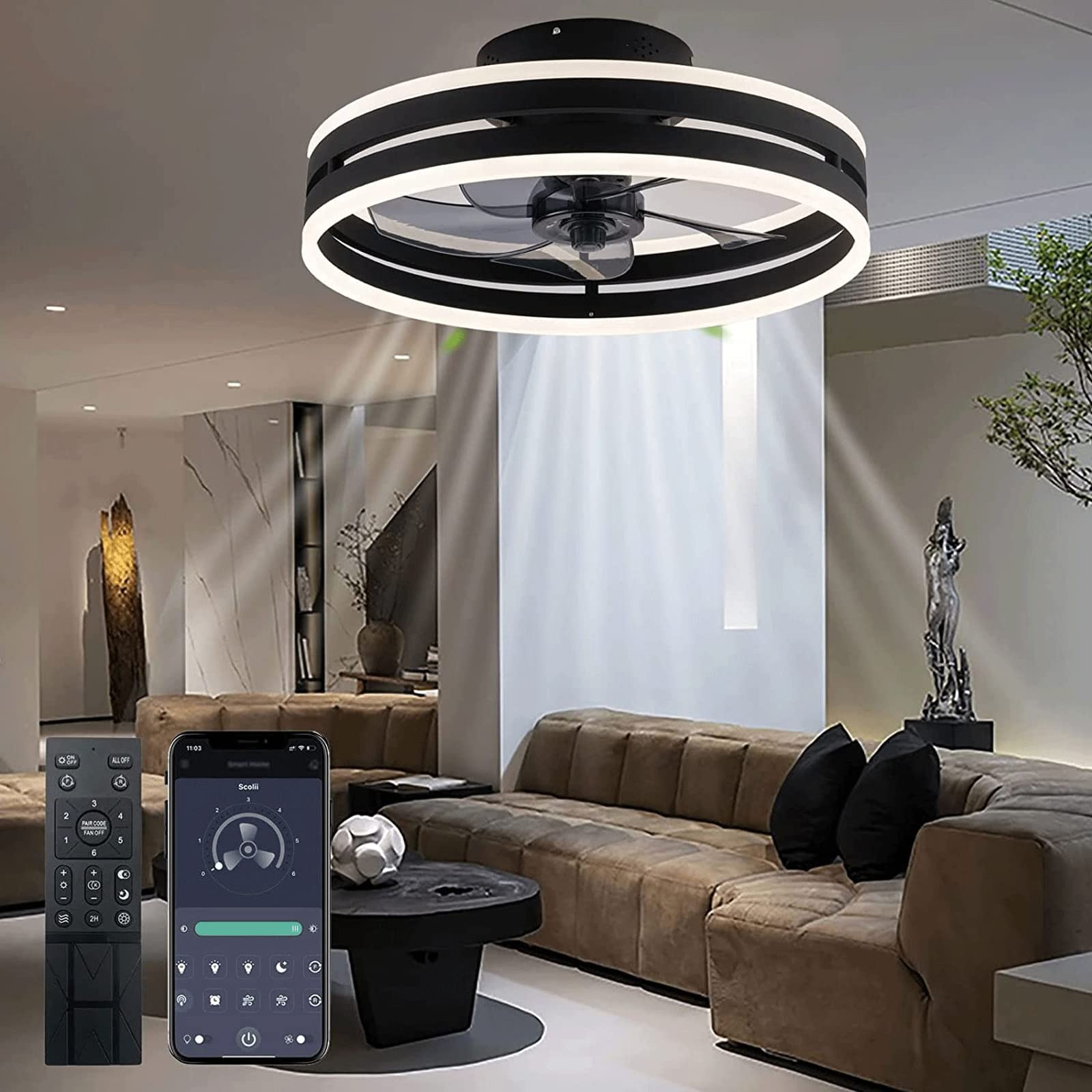 Cichy wentylator sufitowy z oświetleniem, 50 W, ściemniana, lampa sufitowa z pilotem zdalnego sterowania i aplikacją, 6 prędkości, z wentylatorem, timerem, do sypialni, salonu, kolor czarny, 40 cm