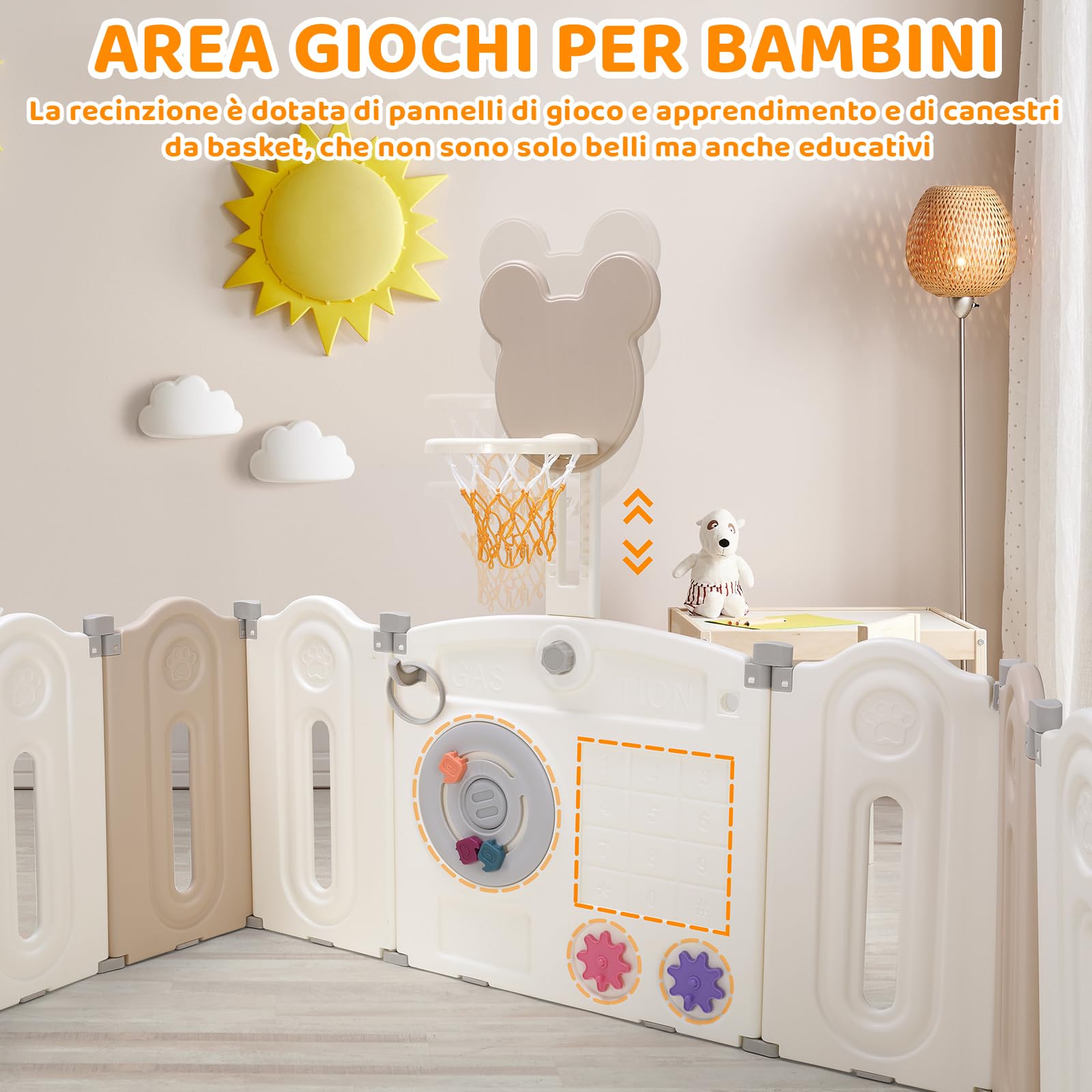 Box Bambini Pieghevole, Recinto per Bambini 143x143x64 cm, Box Neonato Forma Regolabile, con Canestro da Basket, Pallacanestro e Tavola per Giocattoli, Forte Ventosa sul Fondo, Materiale HDPE Atossico