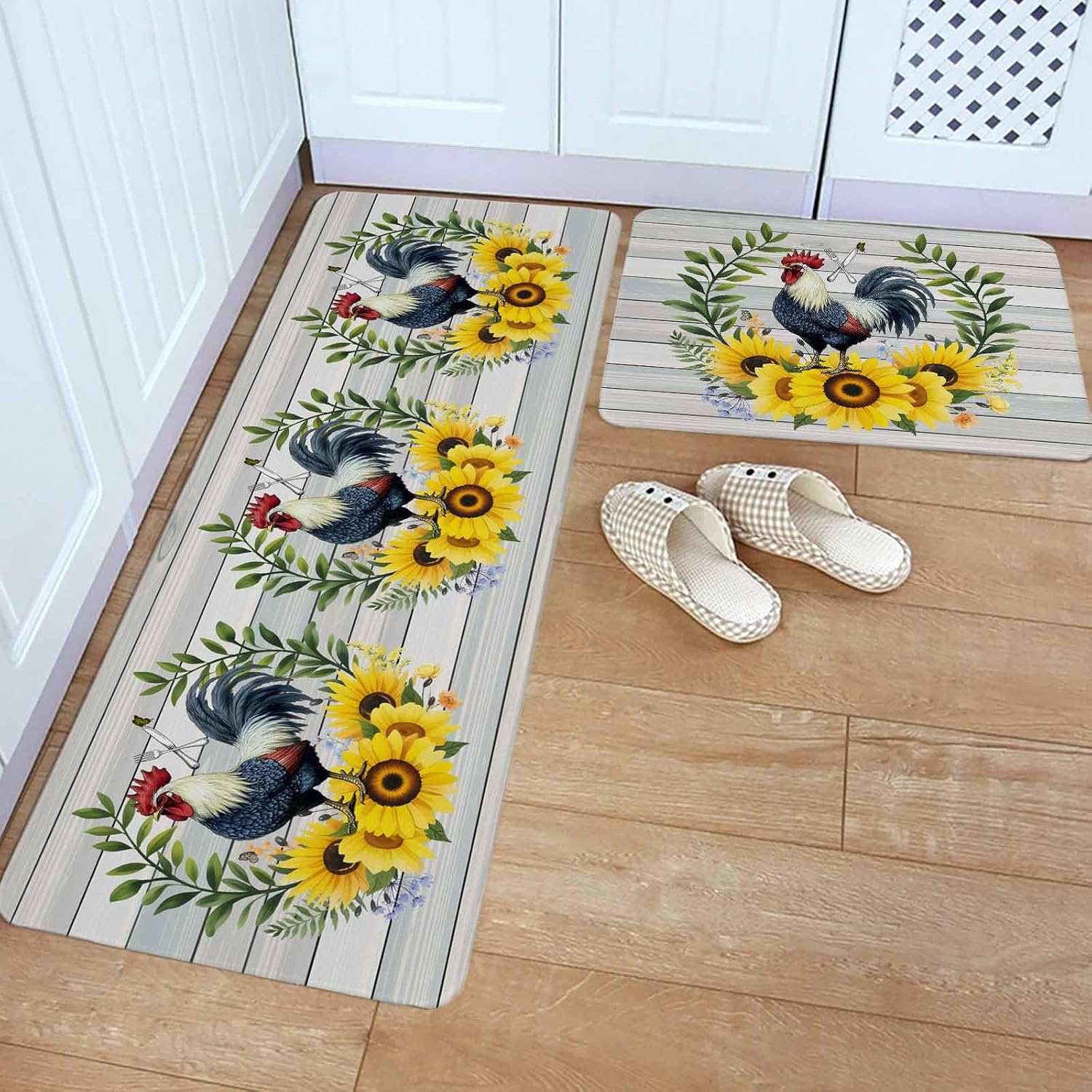Sunflowers Rooster Kitchen Rugs and Mats Set of 2, Non-Slip Kitchen Sink Mat, Wooden Watercolor Leaves Retro Art Washable Doormat Bathroom Rugs Runner for Bedroom/Living Room 17.7"x30"+17.7"x47.2"