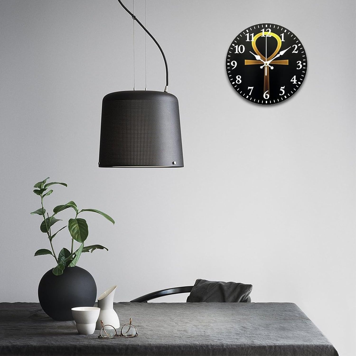 Gold Ancient Egyptian Ankh Silent Wall Clock, Vintage Rustic Decoration Round Wall Clock for Bedroom, Bathroom, Living Room, Home Office(34cm/13.39in)