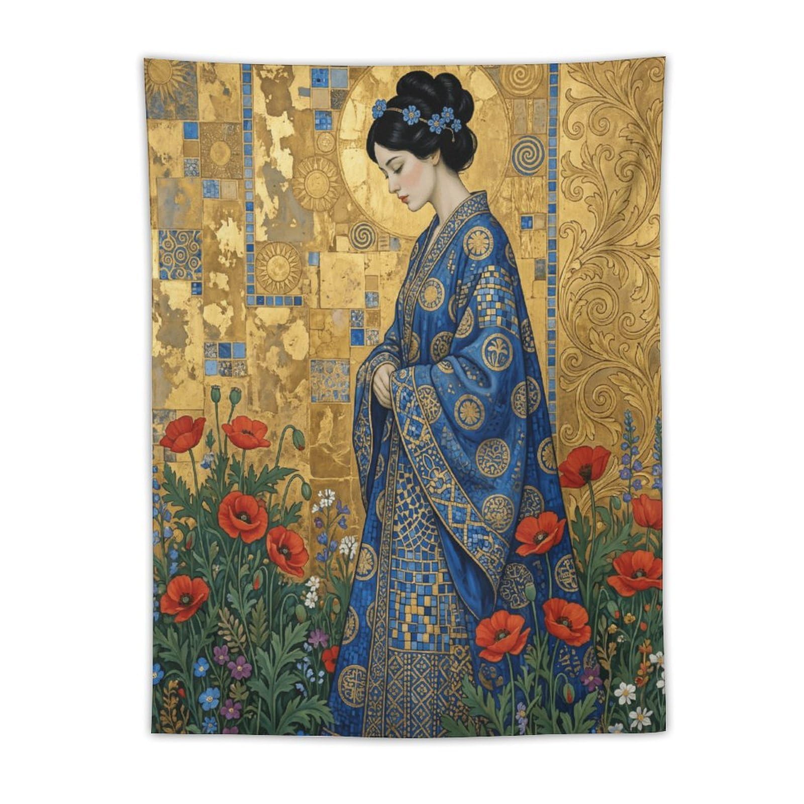 H3B8U2Y5 Blue Golden Mosaic Woman Wall Tapestry, Mosaic Style, College Dorm