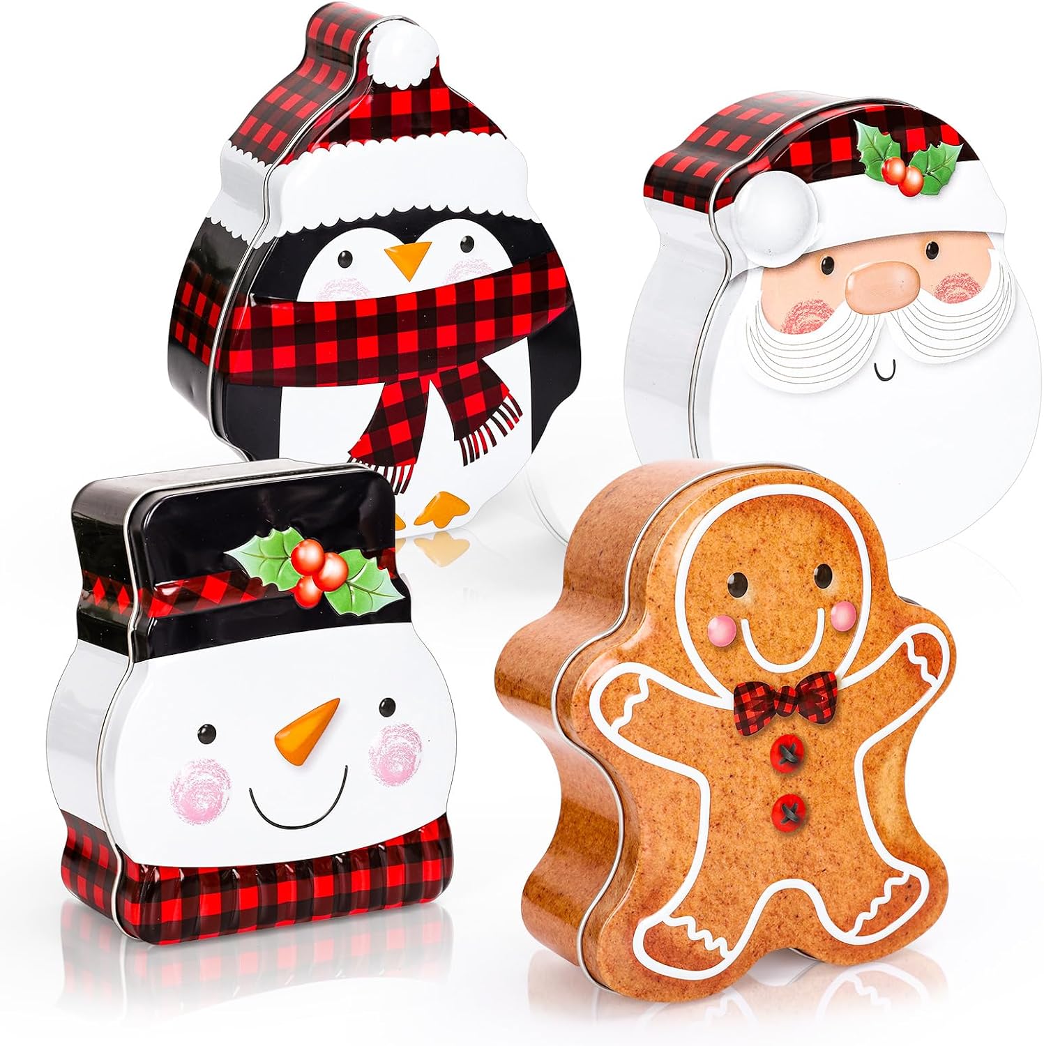 Whaline Christmas Plaid Cookie Tins with Lids Xmas Cartoon Metal Treat Tin Box Santa Snowman Penguin Gingerbread Man Christmas Tins Card Holder Containers for Party Supplies, 4Pcs