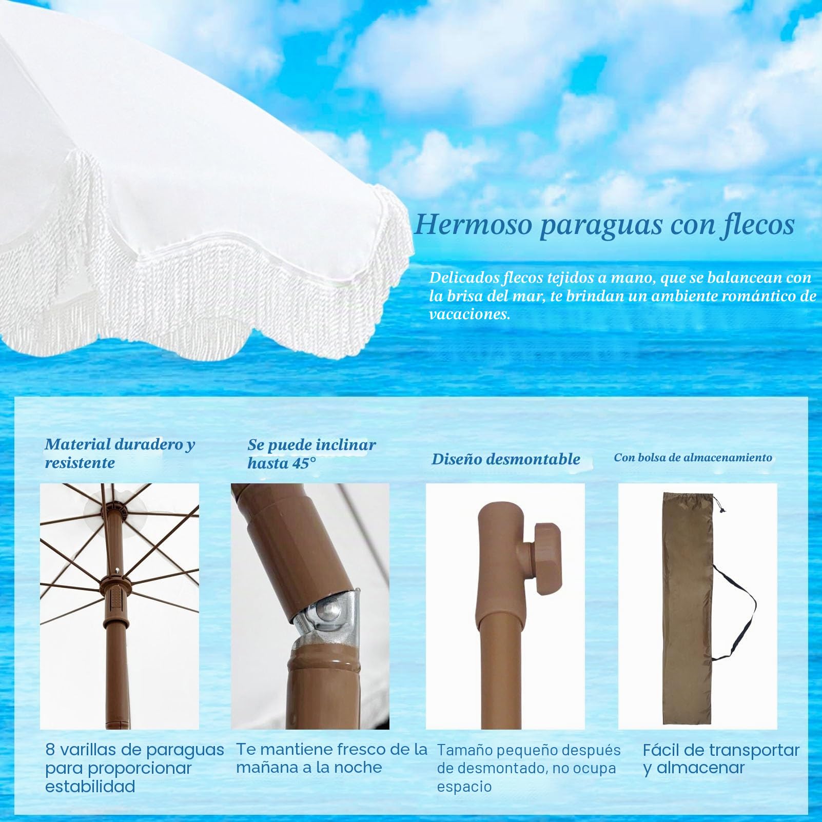 Blanco Sombrilla Playa 200 Cm Parasol Jardín Exterior Grande con Flecos Sombrillas Terraza Protección UV50+ Sombrilla Jardín Inclinable Portátil Boho Beach Umbrella For Sand Impermeable