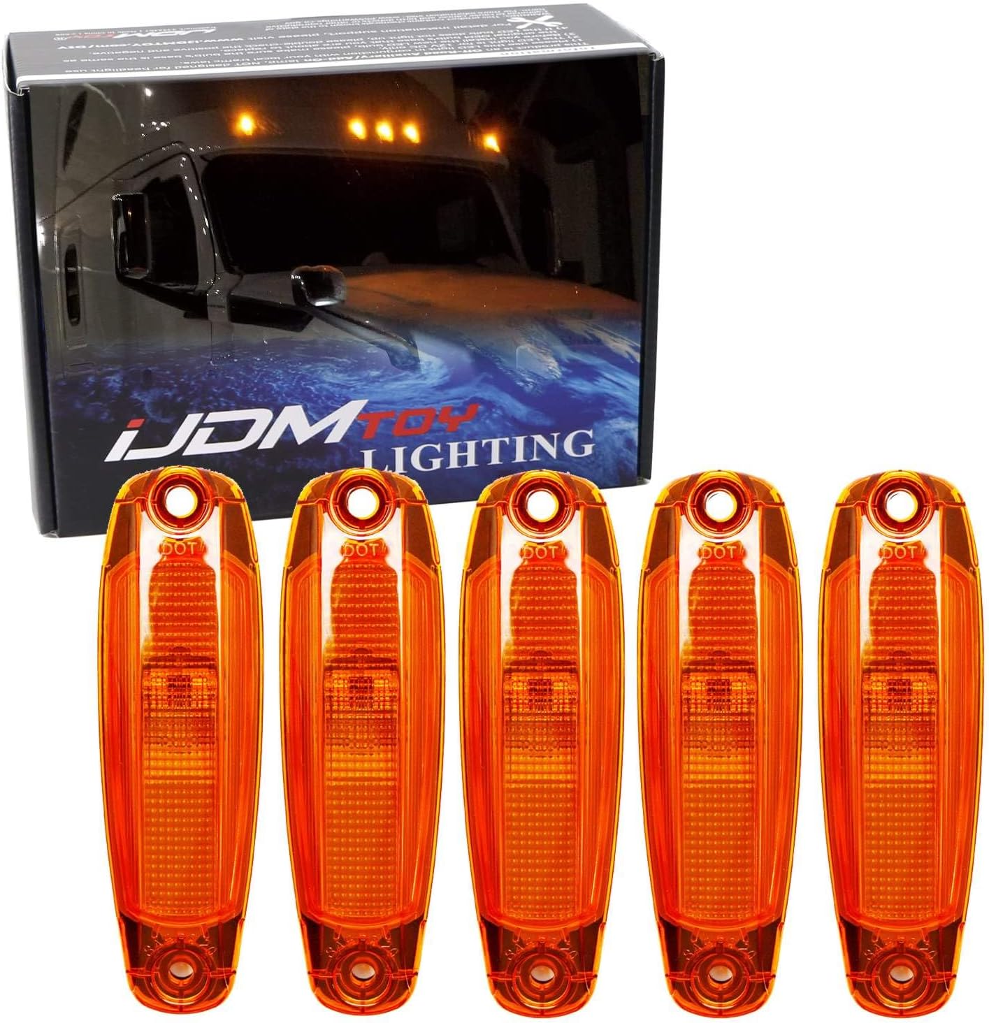 iJDMTOY OEM-Spec 5pc Amber Lens 4-LED Front Raised Cab Roof Marker Light Assemblies Compatible With 2017-up Freightliner Cascadia Semi-Truck