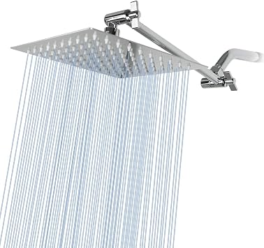 Rain Shower Head with 11 Adjustable Extension Arm, Large Stainless Steel High Flow Rainfall Square Shower head, Bath Shower Waterfall Full Body Coverage 8 Inch Showerhead with Arm, Chrome