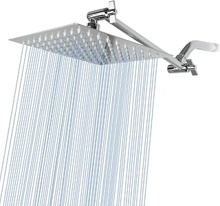 Rain Shower Head with 11’’ Adjustable Extension Arm, Large Stainless Steel High Flow Rainfall Square Shower head, Bath Shower Waterfall Full Body Coverage (8 Inch Showerhead with Arm, Chrome)