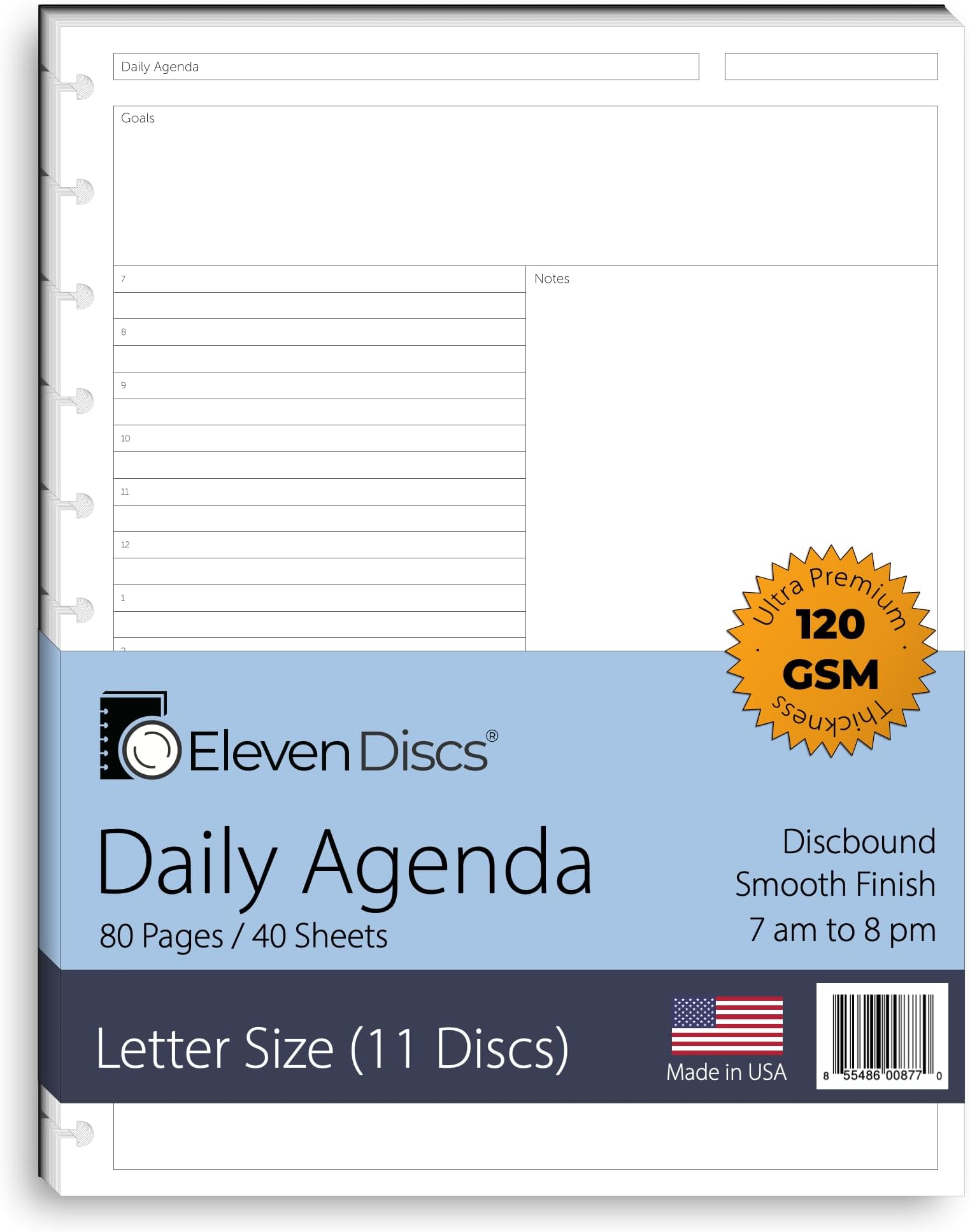 Eleven Discs Discbound Paper, Letter Size Daily Agenda Sheets - Premium 120gsm Heavyweight Notebook & Planner Refills - 11 Discs, 8.5 x 11 in - Punched for Circa, Arc, TUL (40 Sheets)