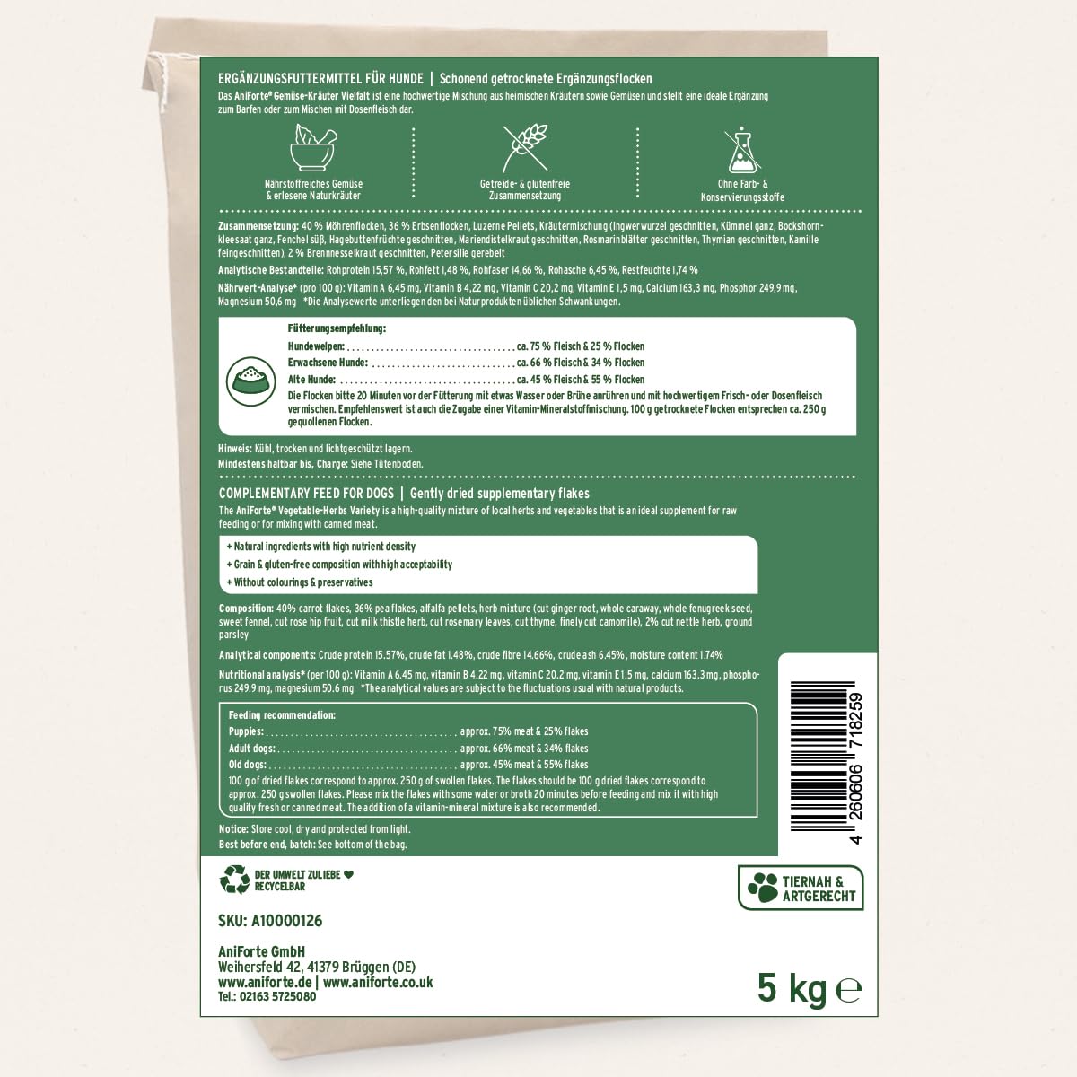 AniForte Barf Zusatz für Hunde Gemüse-Kräuter Vielfalt 5kg - Naturprodukt, Barf Ergänzungsfutter, getreidefrei, glutenfrei, Flocken ohne künstliche Zusätze, 100% Natur Ergänzung barfen, Futter