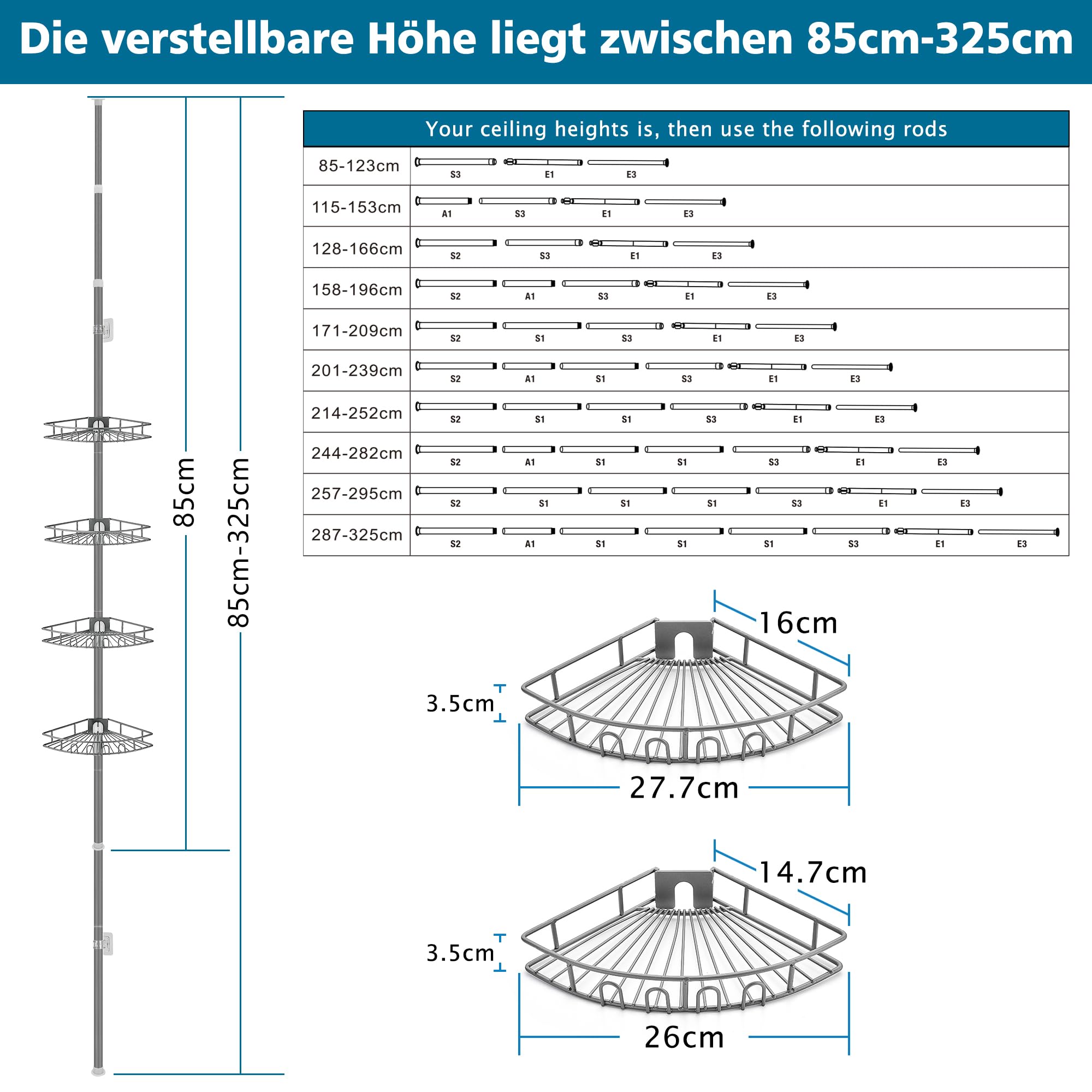 Duschablage ohne Bohren Edelstahl Teleskop Duschregal Duschgel Halterung Eckregal Bad mit 4 Körben, 85-325cm, für Badewanne Badezimmer Dusche und Küche, Grau