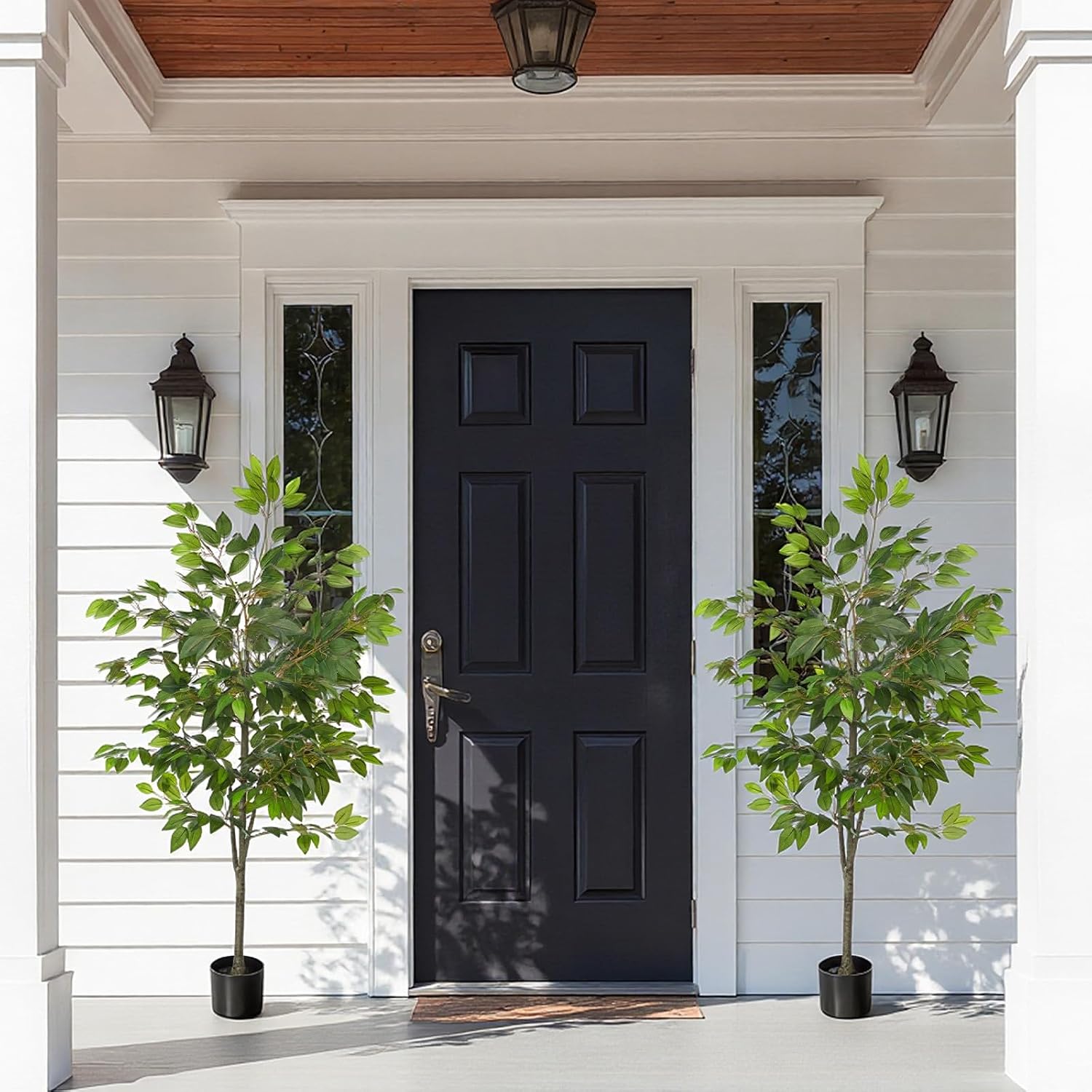 Daifunli 2 Pack Artificial Ficus Tree with Realistic Leaves and Natural Trunk Faux Tree with Silk Leaves for Porch Home Office Farmhouse Indoor Outdoor Housewarming Gift