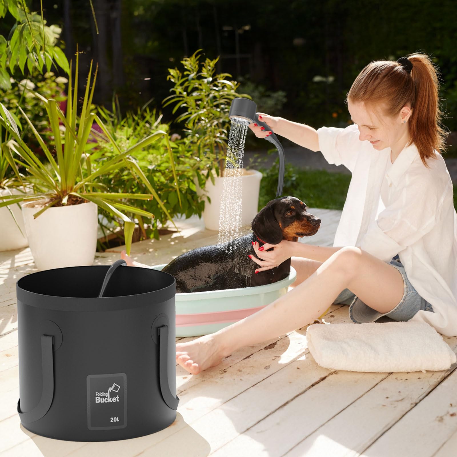 GOSCHE Doccia da campeggio portatile, 8000 mAh, ricaricabile, con secchio pieghevole da 20 l, display a LED intelligente, pompa impermeabile IPX8 per camper, viaggi, escursionismo, bagno per animali