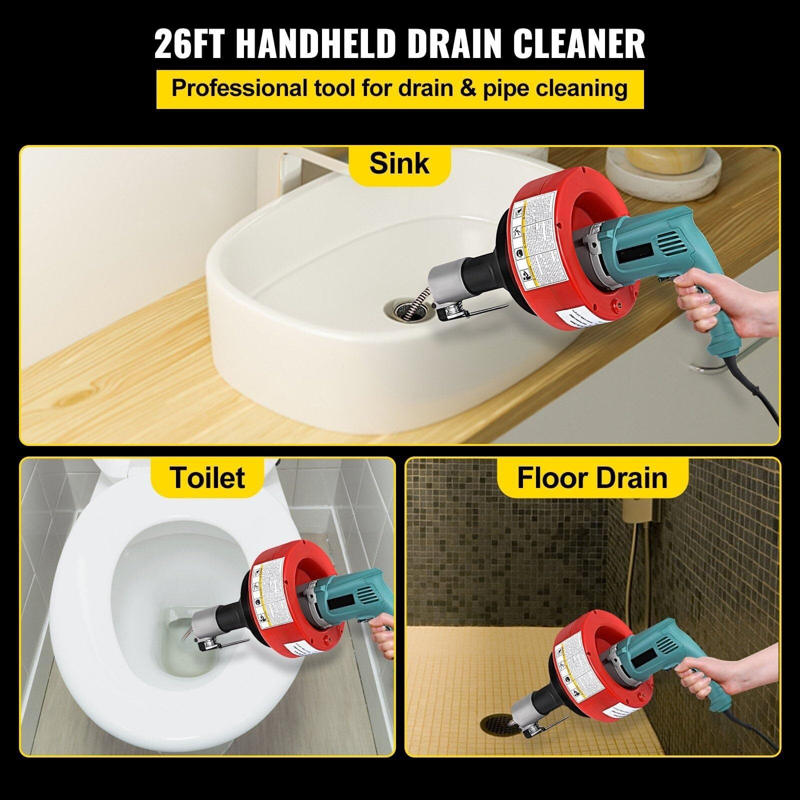 Déboucheur électrique Portable pour canalisations, câble de 7,9 m x 6,35 mm, débouche Les canalisations des éviers, baignoires, Toilettes et Cuisines, 700 W, Rouge