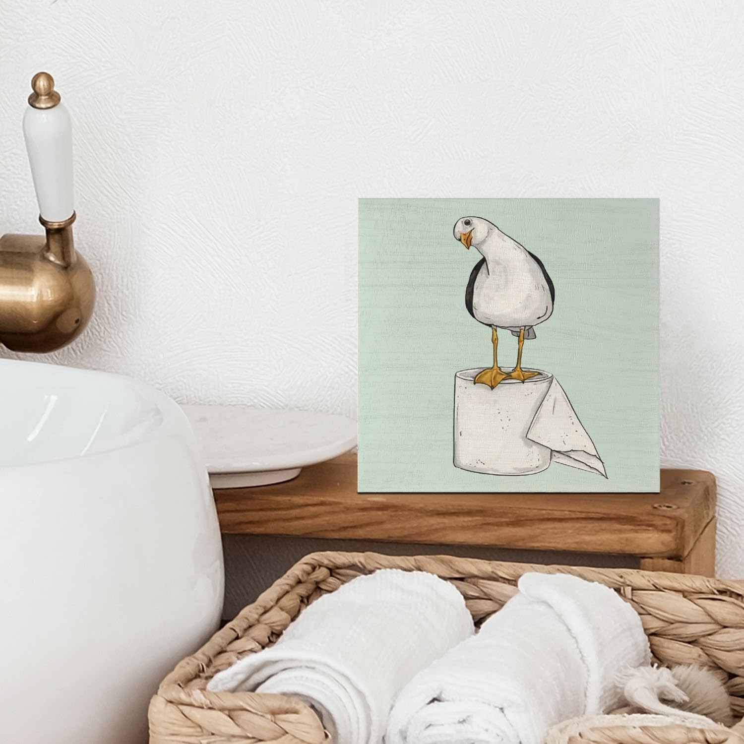 Seagull Beach Bathroom Decor, Seagull Wooden Box Signs Coastal Decor, Funny Wood Signs for Bathroom Restroom Toilet Counter Shelf , 5x5 Inch（Green） image 2