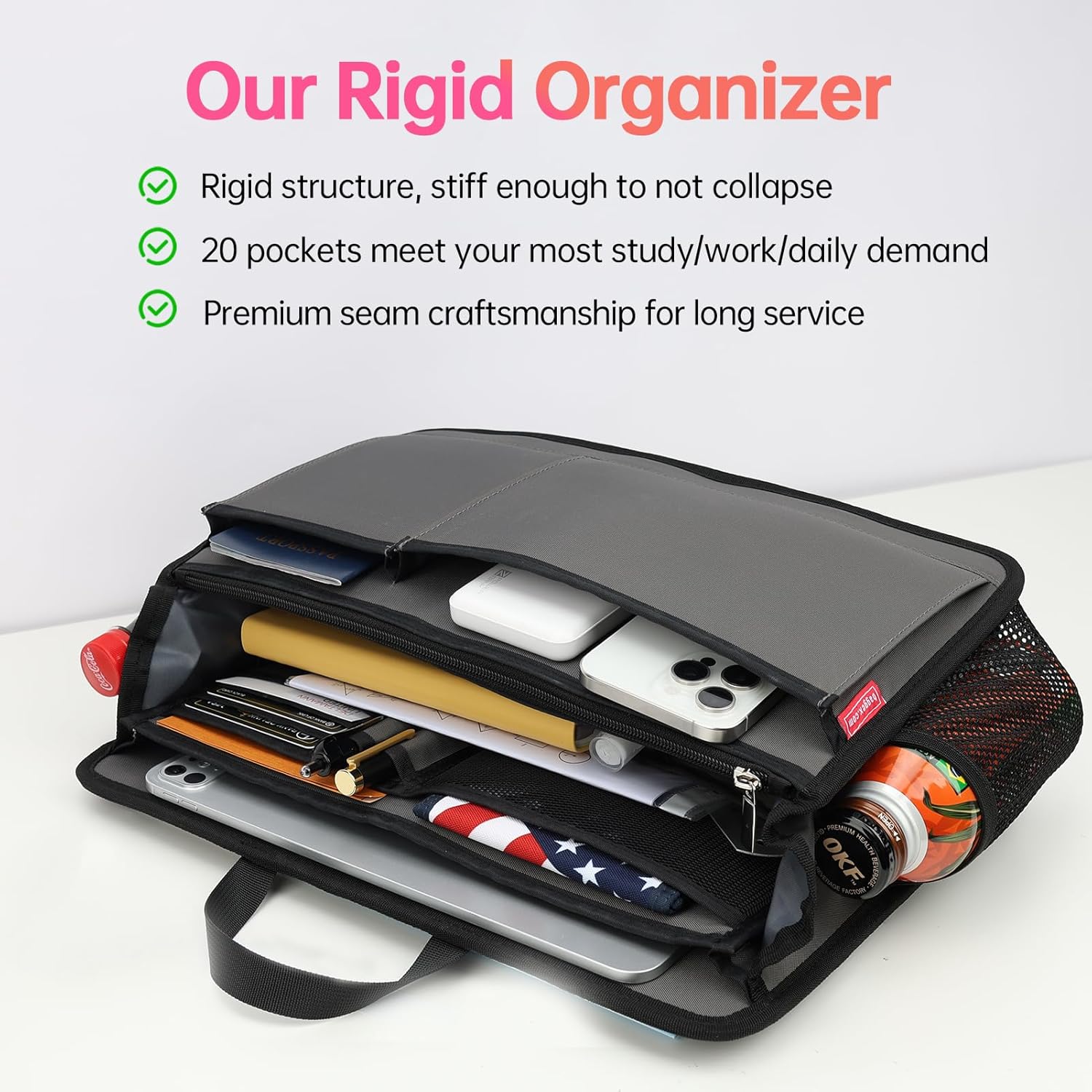 Rugged Organizer Insert for Briefcase Tote Shoulder Messenger Bag - 20 Pockets,Durable Padded Nylon,Handle(Large,Gray)